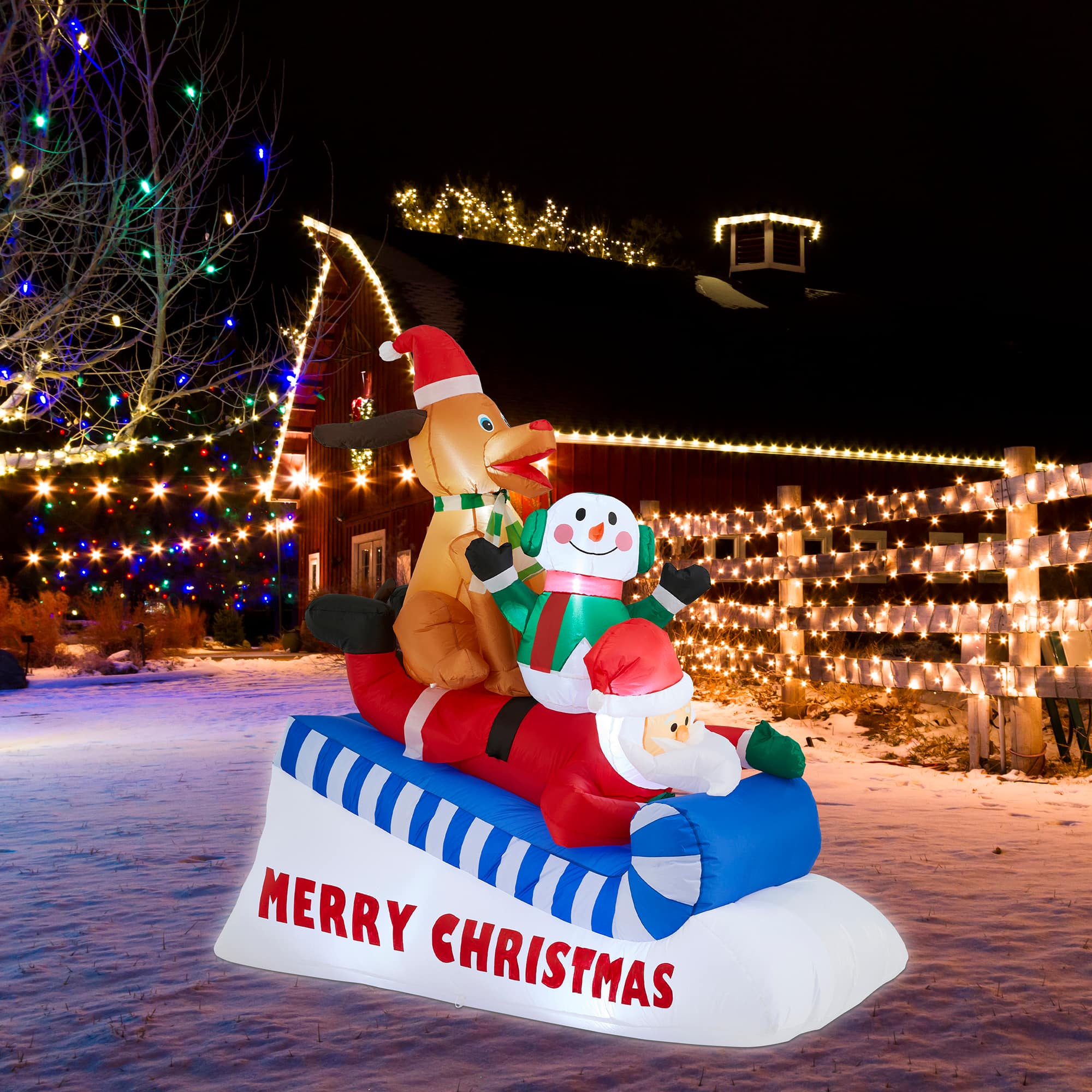 Glitzhome&#xAE; 6FT Lighted Inflatable Skiing Santa, Snowman &#x26; Dog