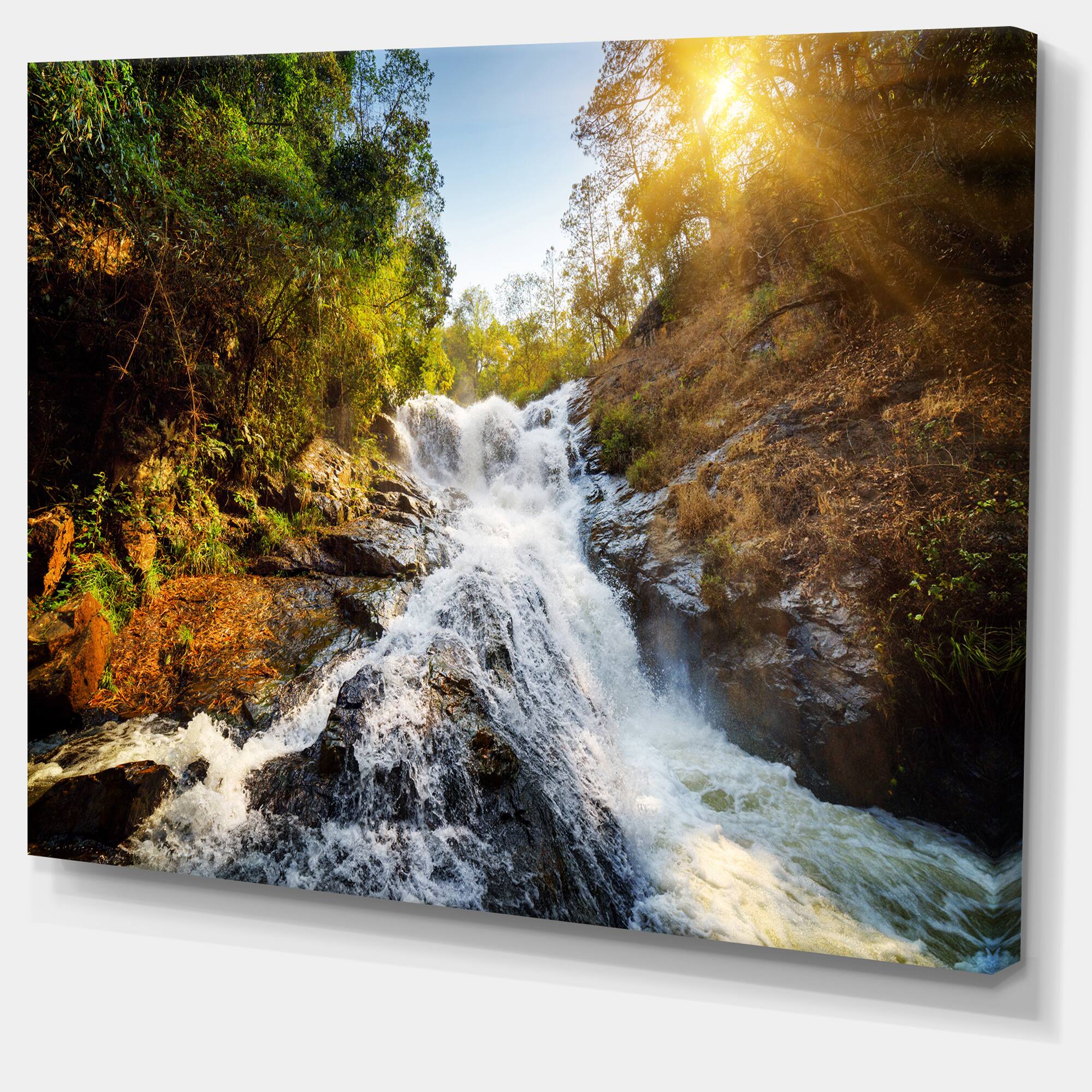Designart - Waterfall through the Forest - Large landscape Canvas Art Print