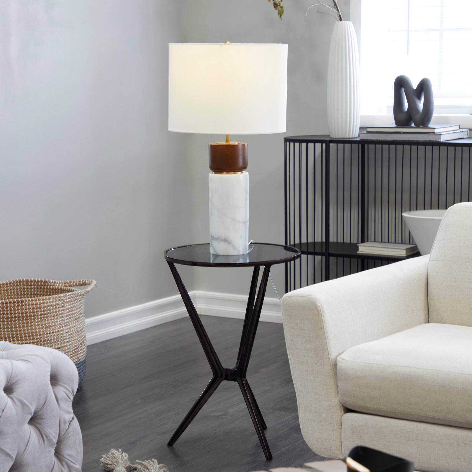 Black Aluminum Hourglass Shaped Stand Accent Table with Clear Glass Top 16" x 16" x 24"