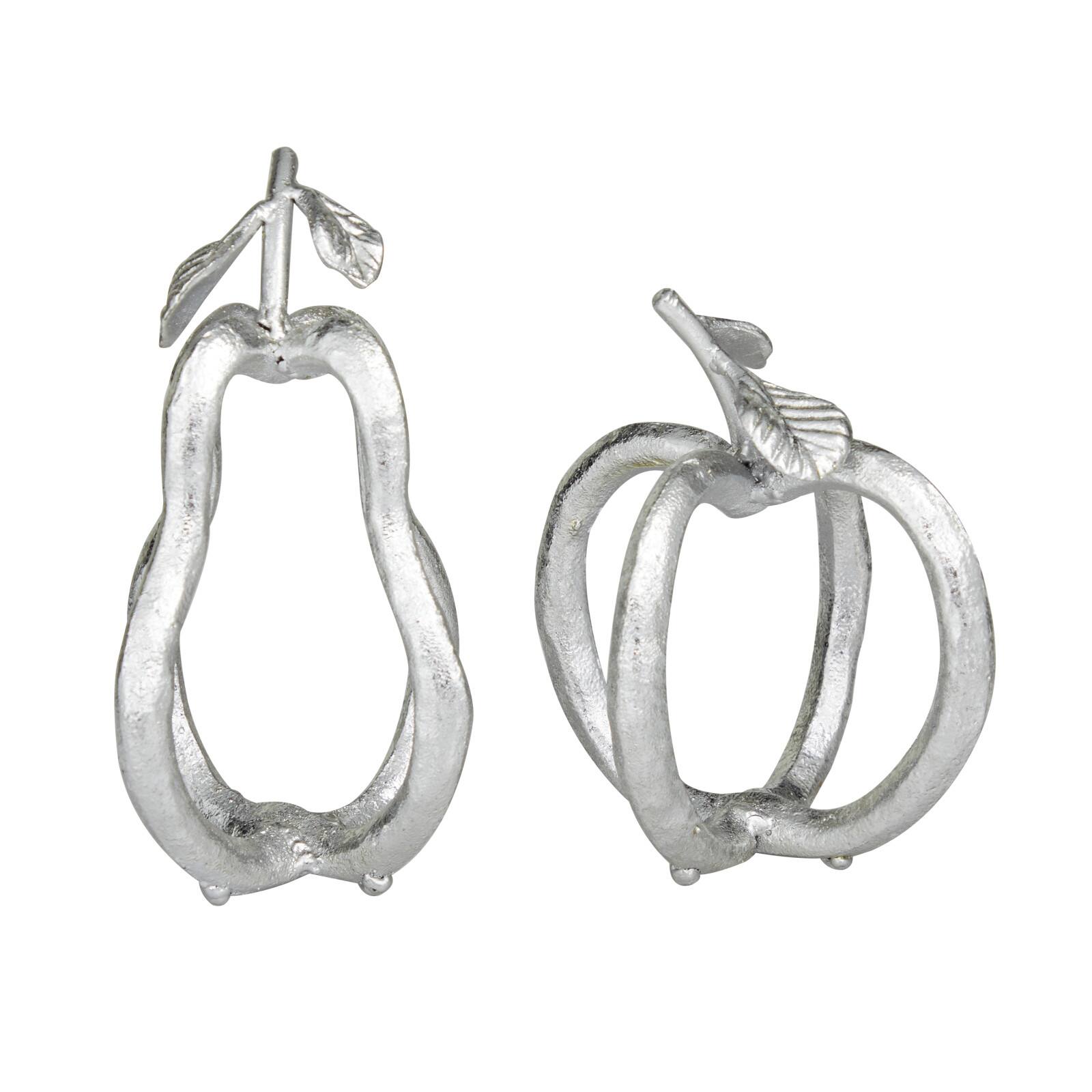 Set of 2 Silver Metal Eclectic Fruit Sculpture 8&#x22;, 7&#x22;