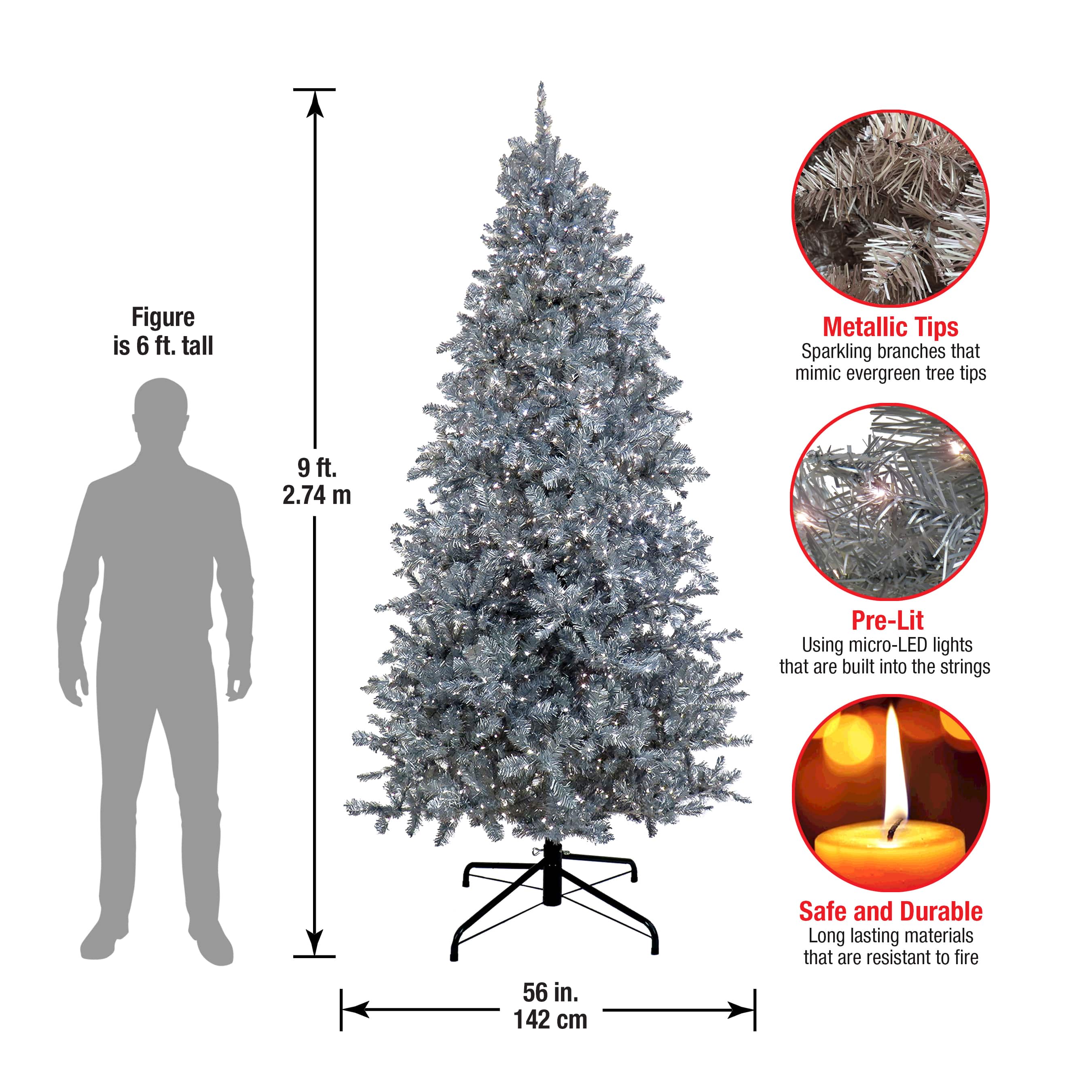 9ft. Pre-Lit Matte Silver Metallic Evergreen Artificial Christmas Tree