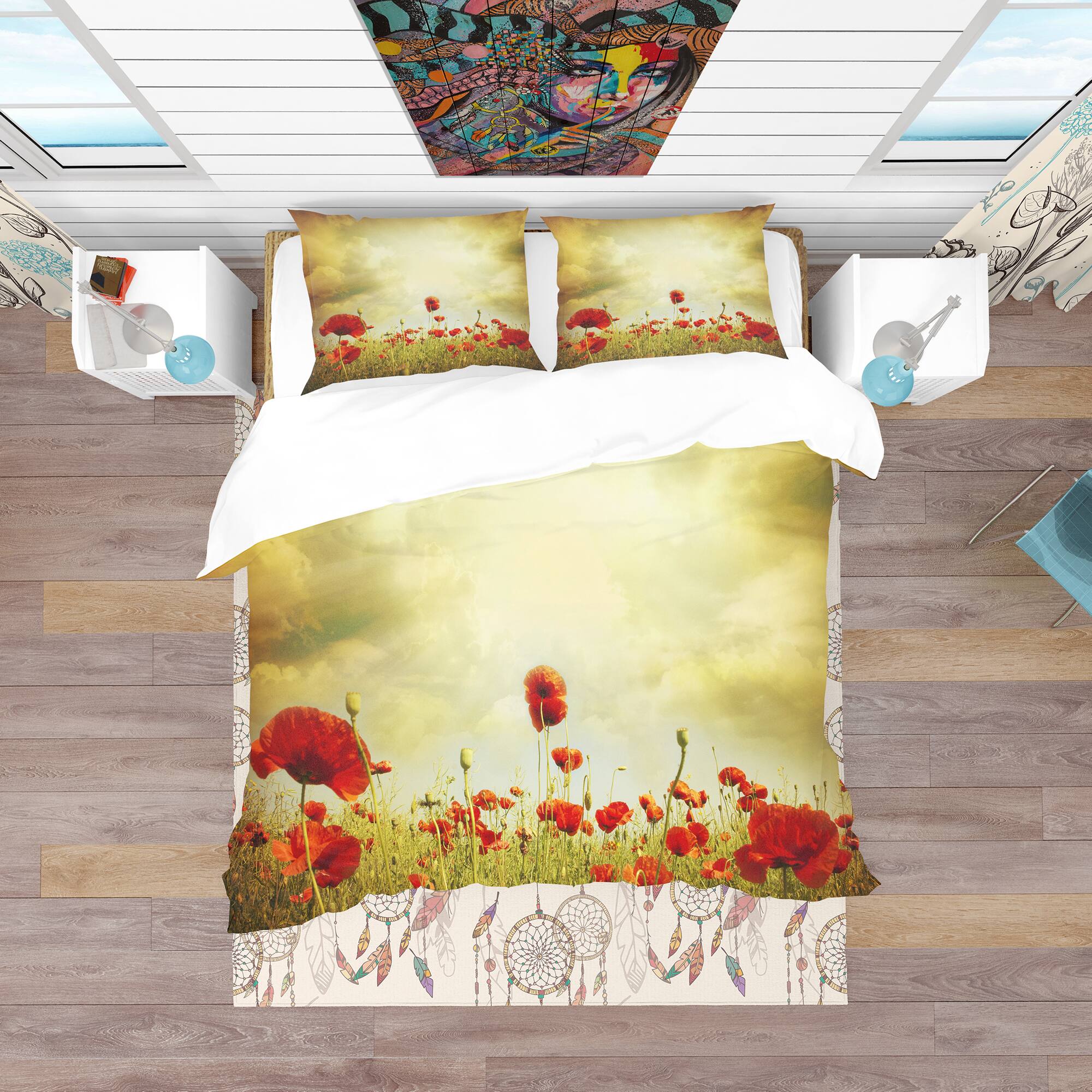 Designart &#x27;Red Poppies on Grunge Background&#x27; Vintage Bedding Set - Duvet Cover &#x26; Shams