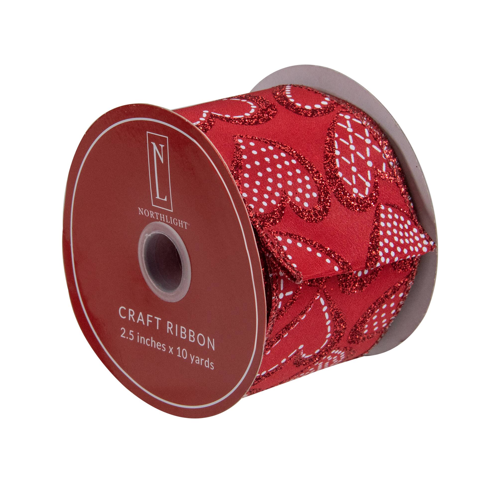 2.5" x 10yd. Red Glittered Hearts Valentine's Day Wired Craft Ribbon