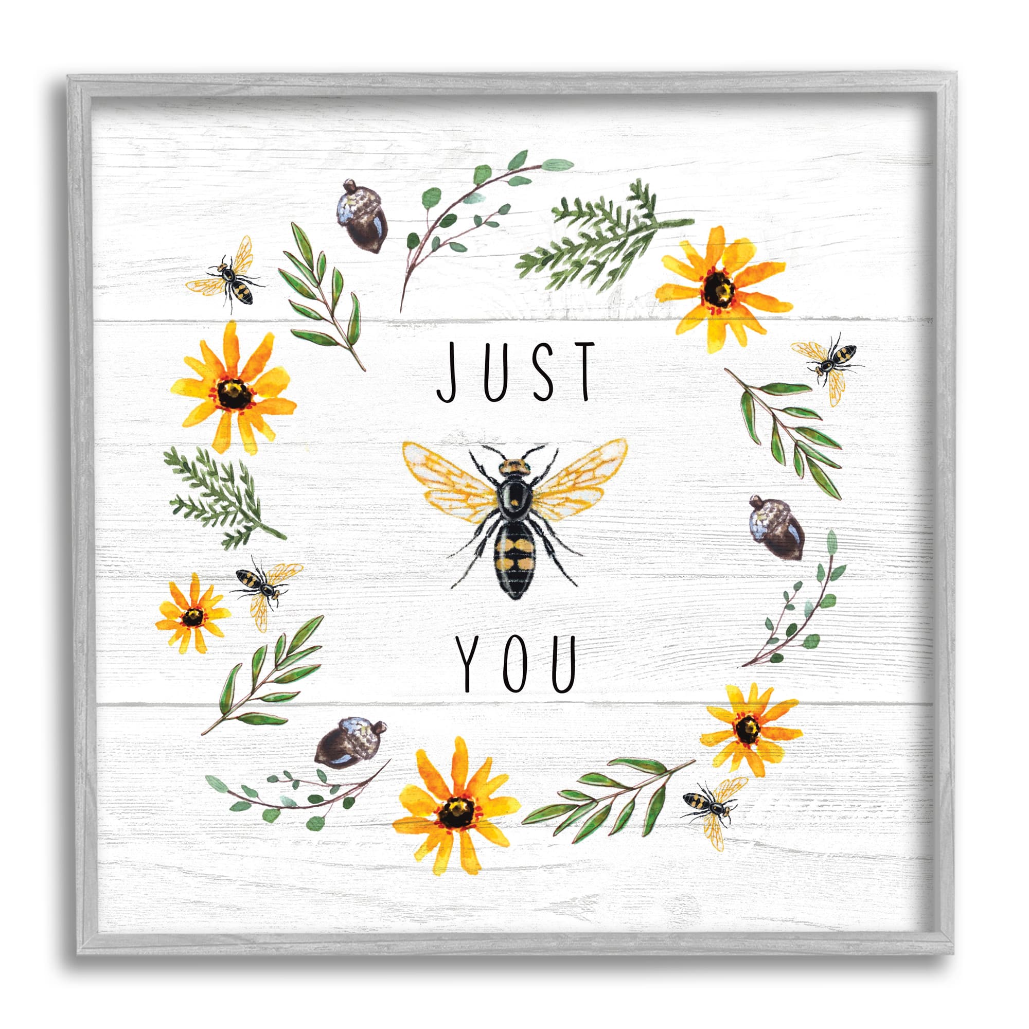 Stupell Industries Just Bee You Pun Phrase Yellow Daisy Wreath in Gray Frame Wall Art