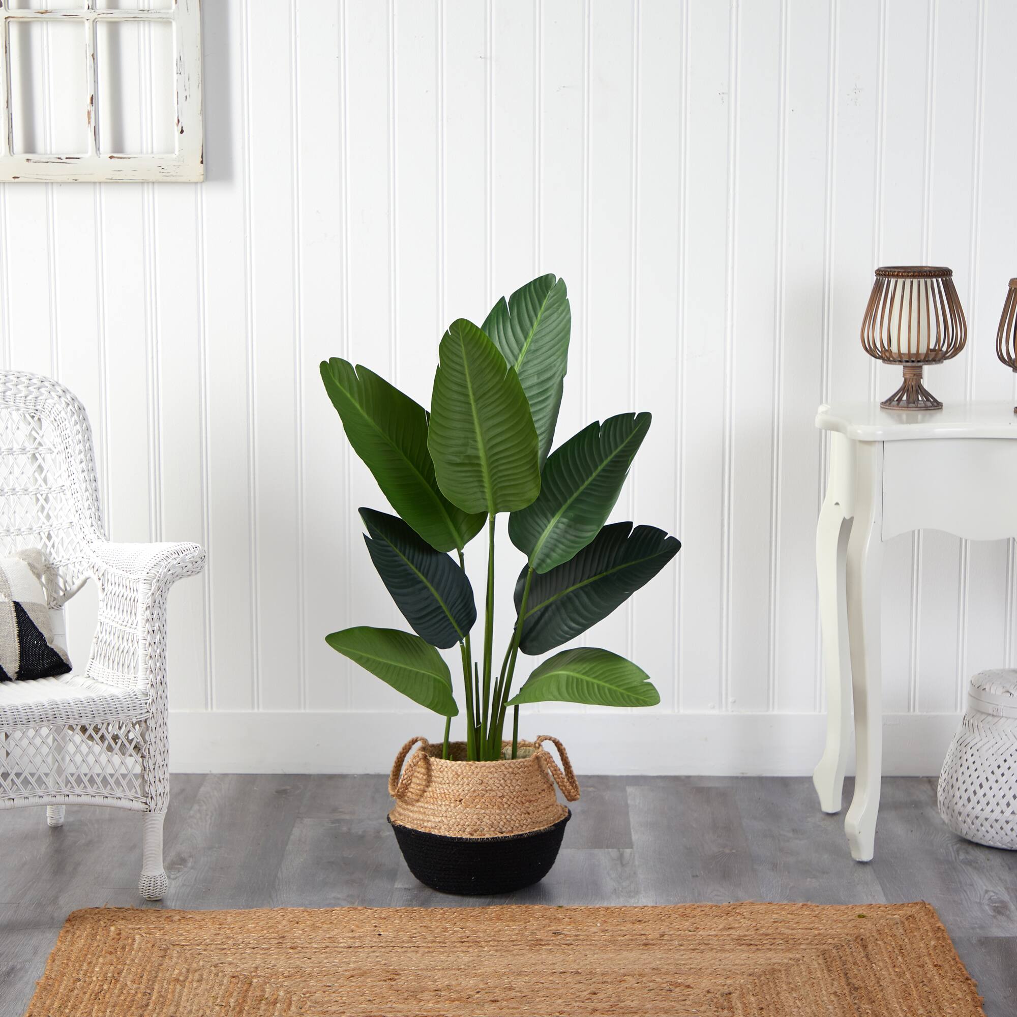 4ft. Travelers Palm Artificial Tree in Boho Chic Handmade Cotton & Jute Black Woven Planter