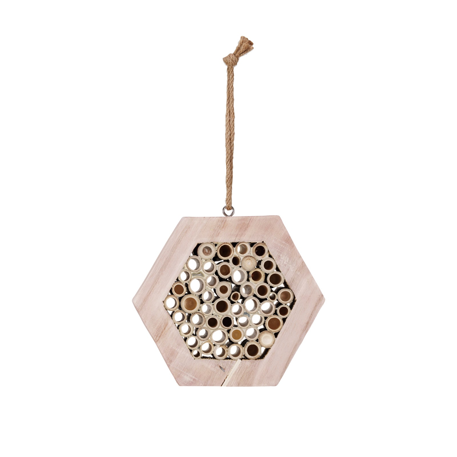 Hello Honey® 10" Natural Paulownia Wood & Bamboo Hexagon-Shaped Insect House with Jute Hanger