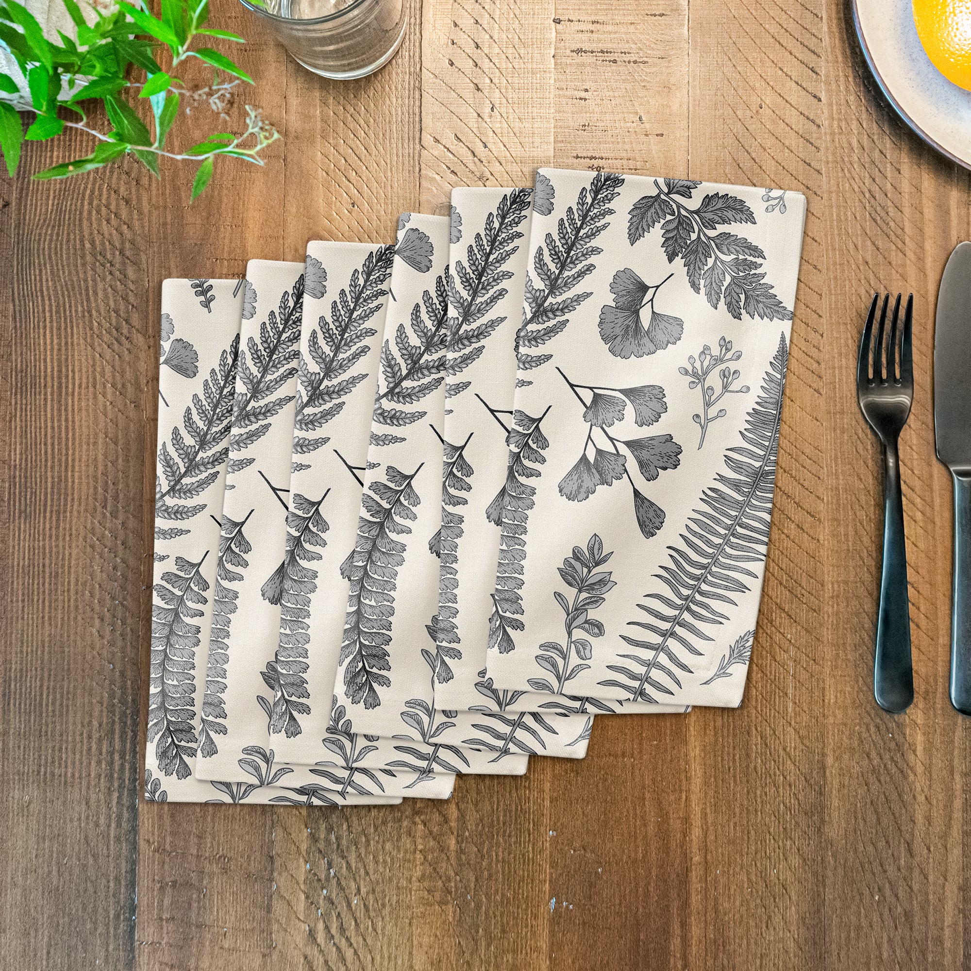 Gray Botanical Cotton Twill Dinner Napkin