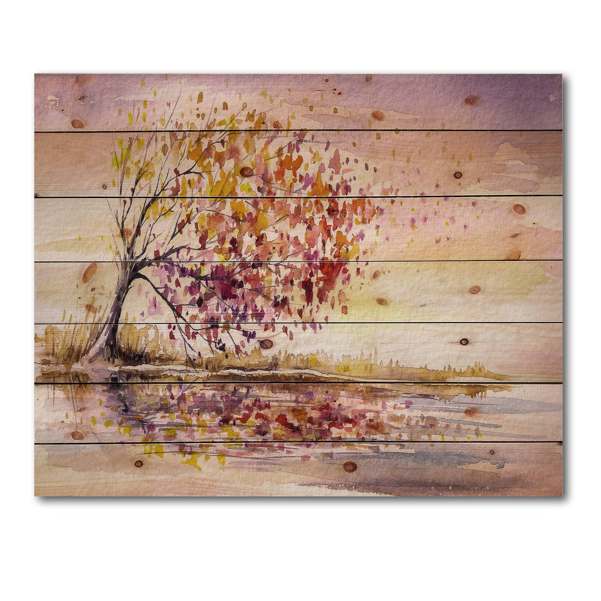 Designart - Yellow and Orange Autumn Tree - Traditional Print on Natural Pine Wood