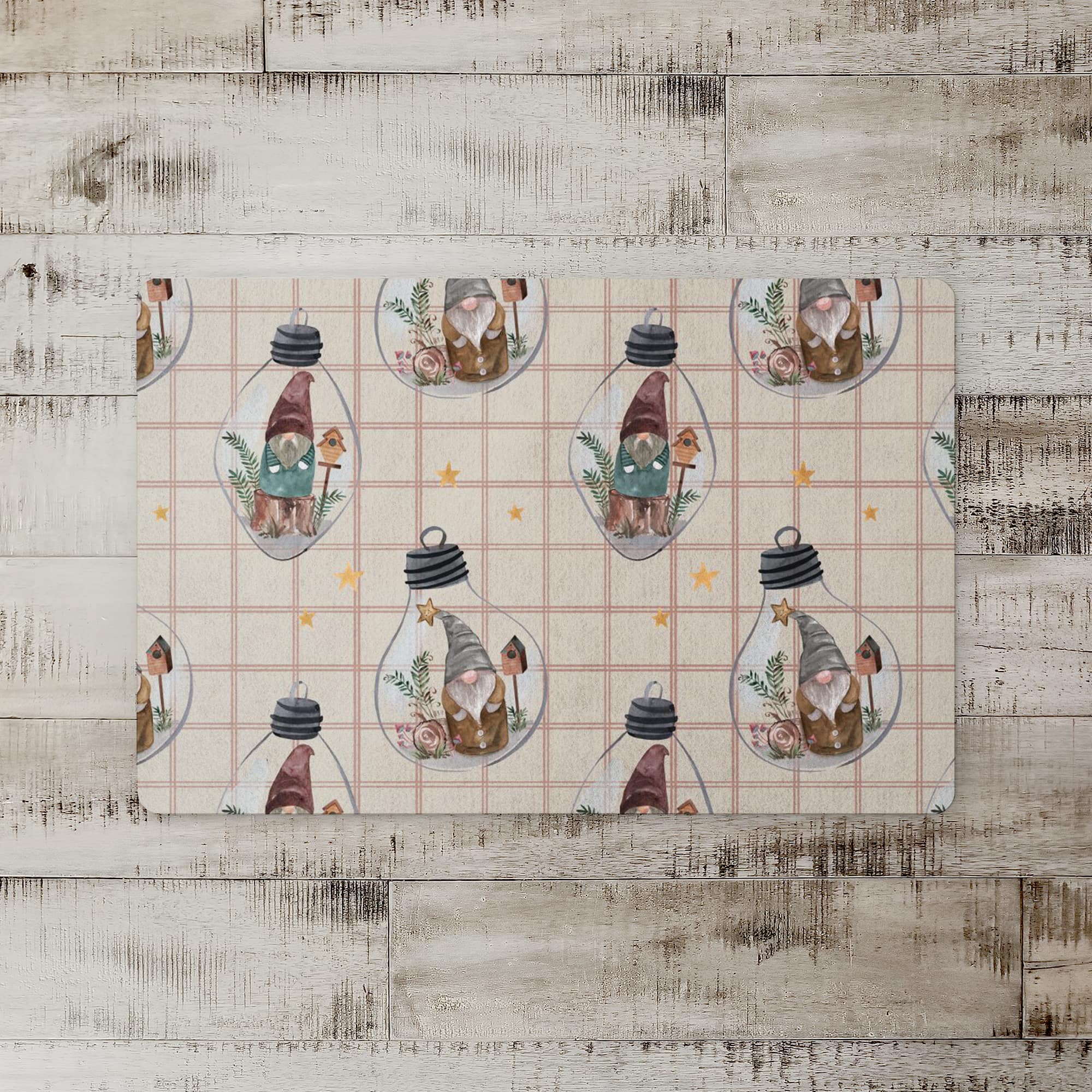 Cream & Red Check Gnome Globe Pattern Floor Mat
