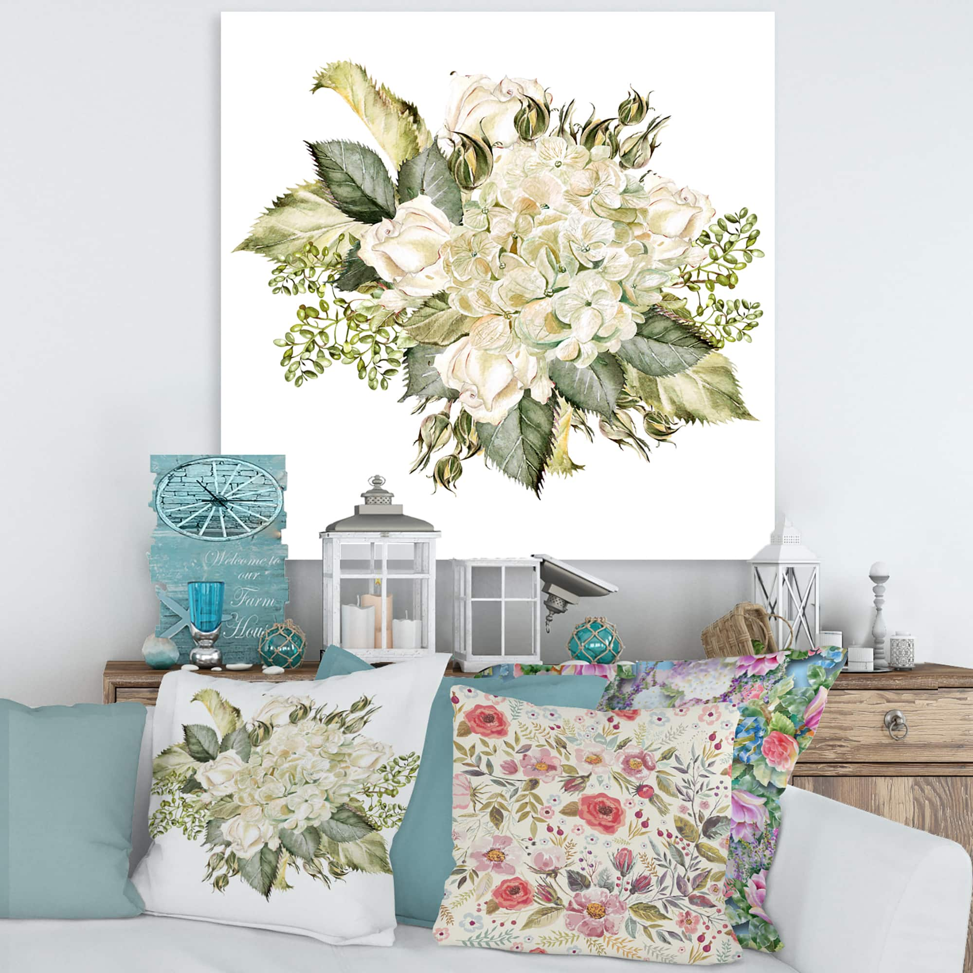 Designart - Beautiful Bouquet With Hudrangea and Roses - Farmhouse Canvas Wall Art Print