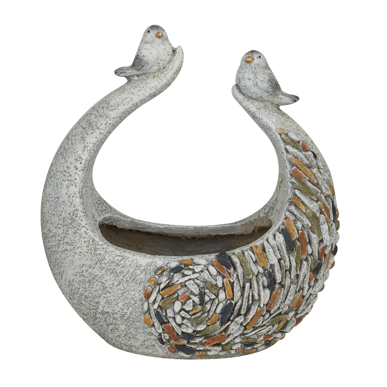 15" Gray Fiberglass Bird Planter with Stone Mosaic Design