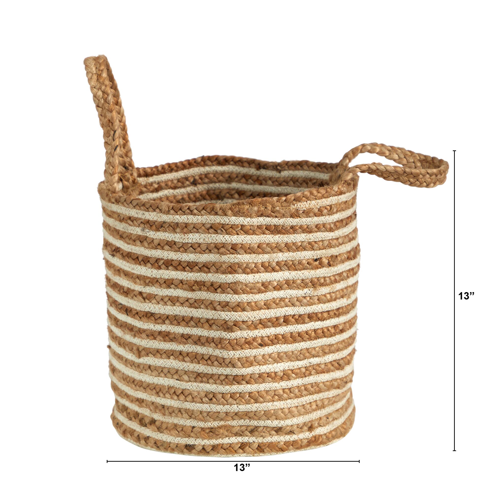 14'' Handwoven Stripe Natural Cotton and Jute Boho Chic Basket Planter