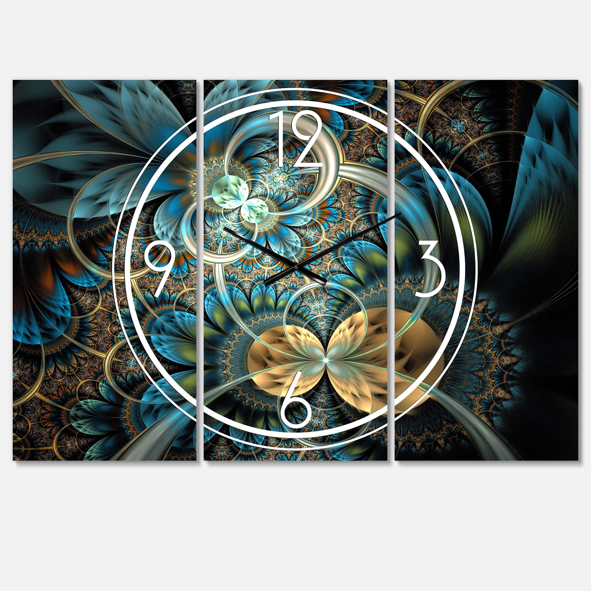 Designart Symmetrical Blue Gold Fractal Flower Multipanel Wall Clock
