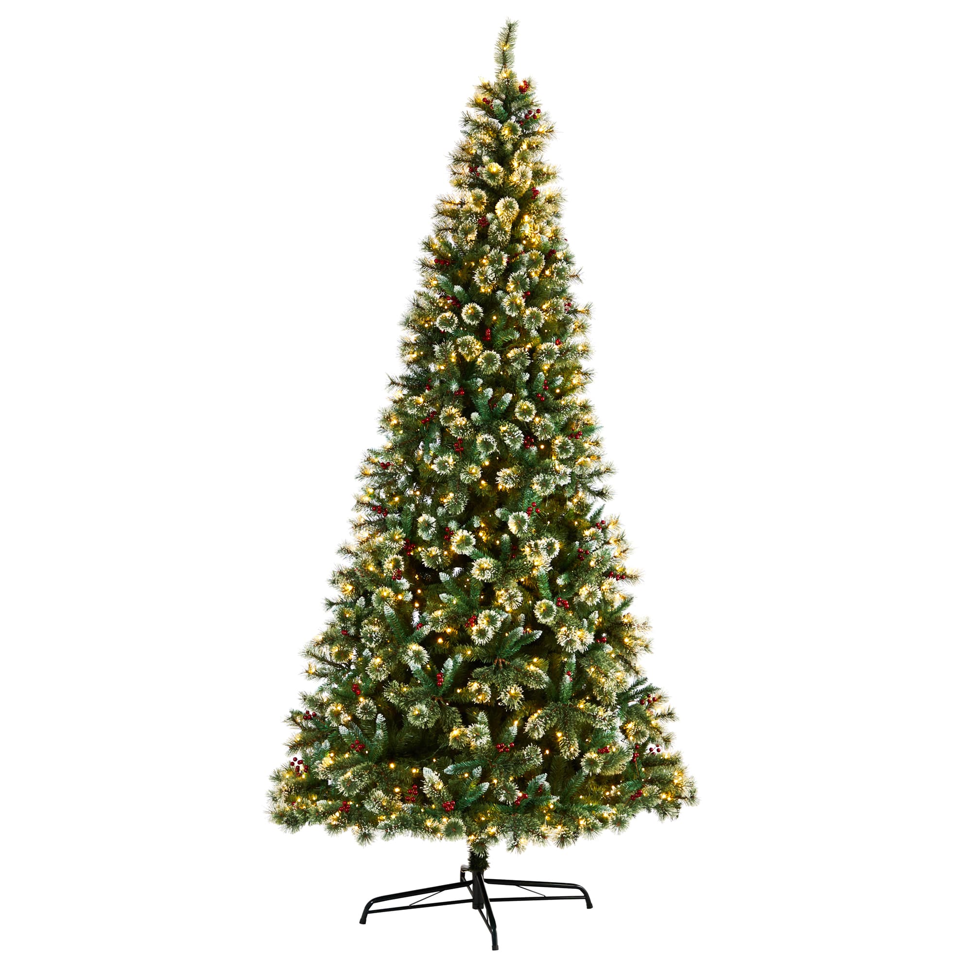 10ft. Pre-Lit Frosted Swiss Pine Artificial Christmas Tree with Berries, Clear LED Lights