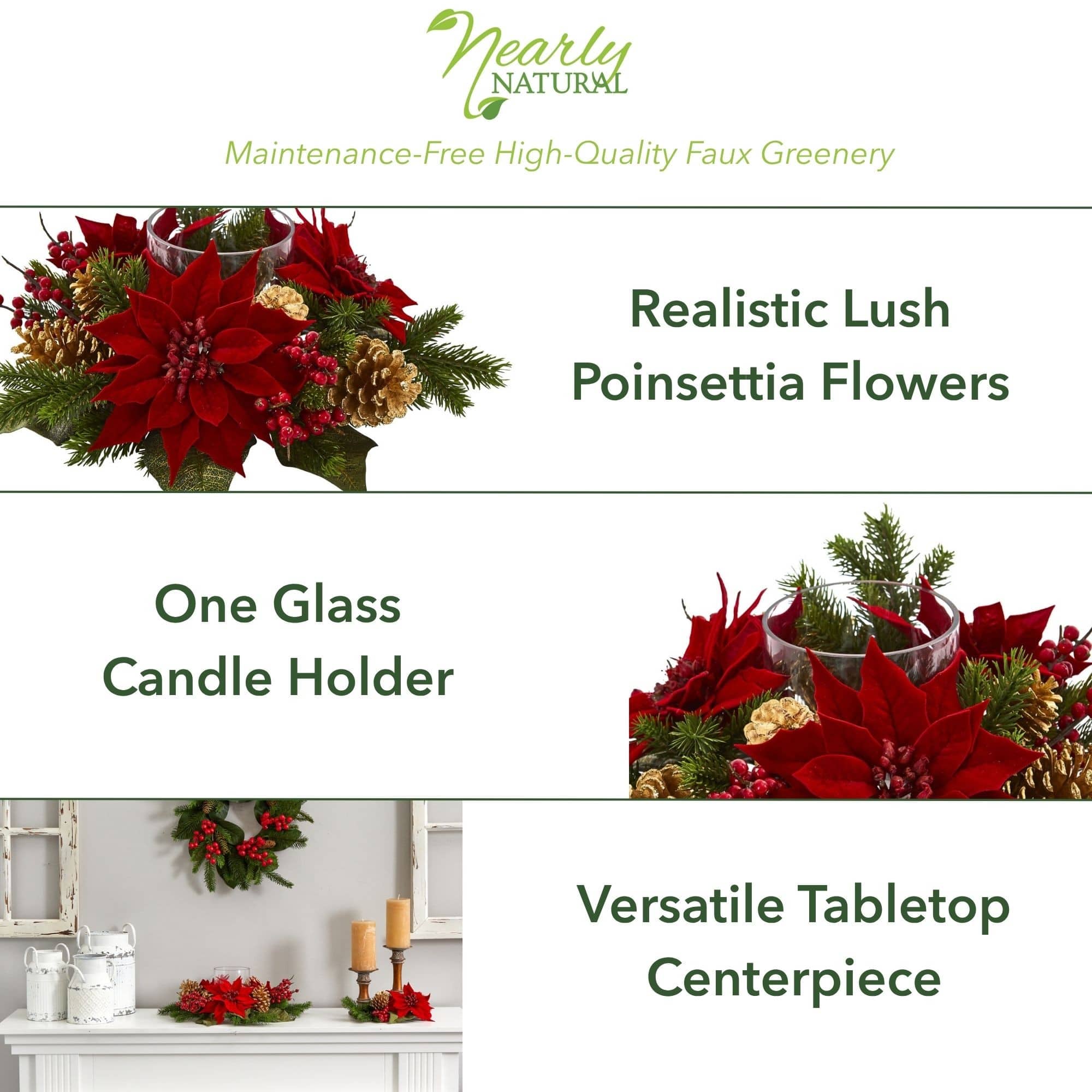 14&#x22; Poinsettia, Berry &#x26; Golden Pinecone Candelabrum Artificial Arrangement