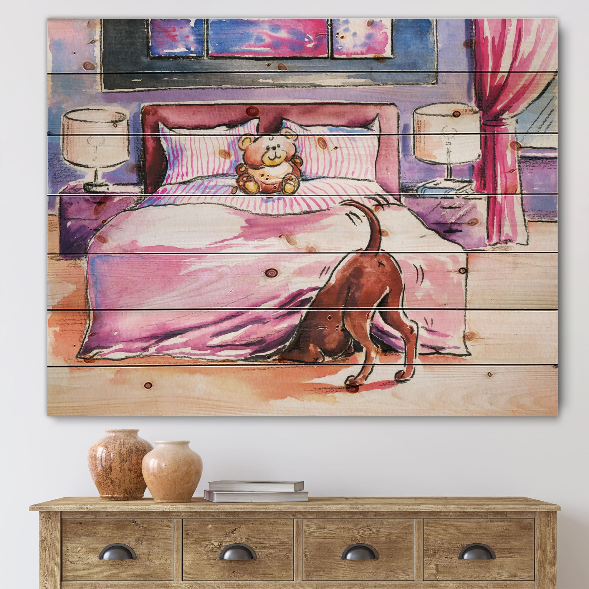 Designart - Brown Dog Looking Under the Bed - Farmhouse Print on Natural Pine Wood