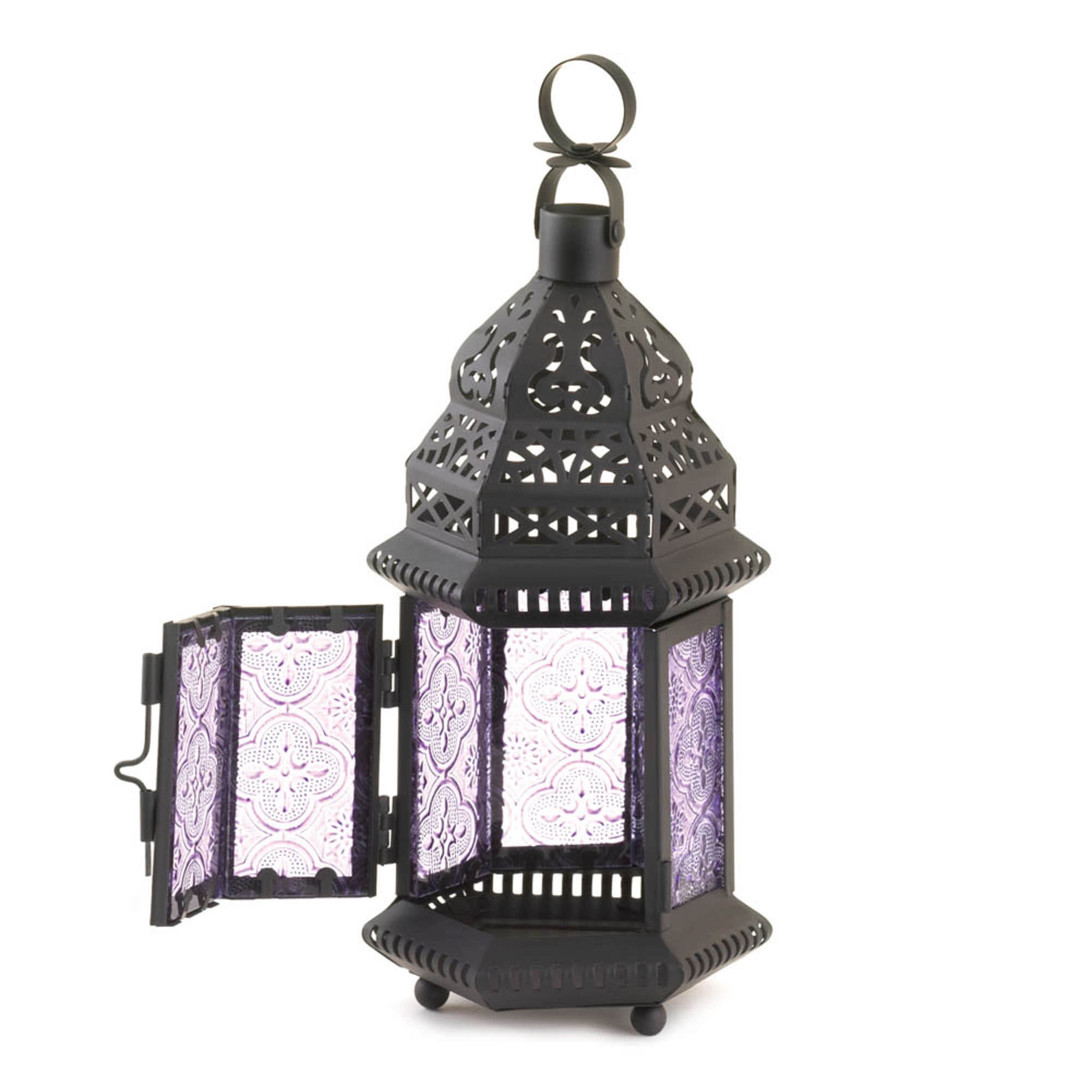 11'' Etched Purple Glass Moroccan Style Hanging Lantern