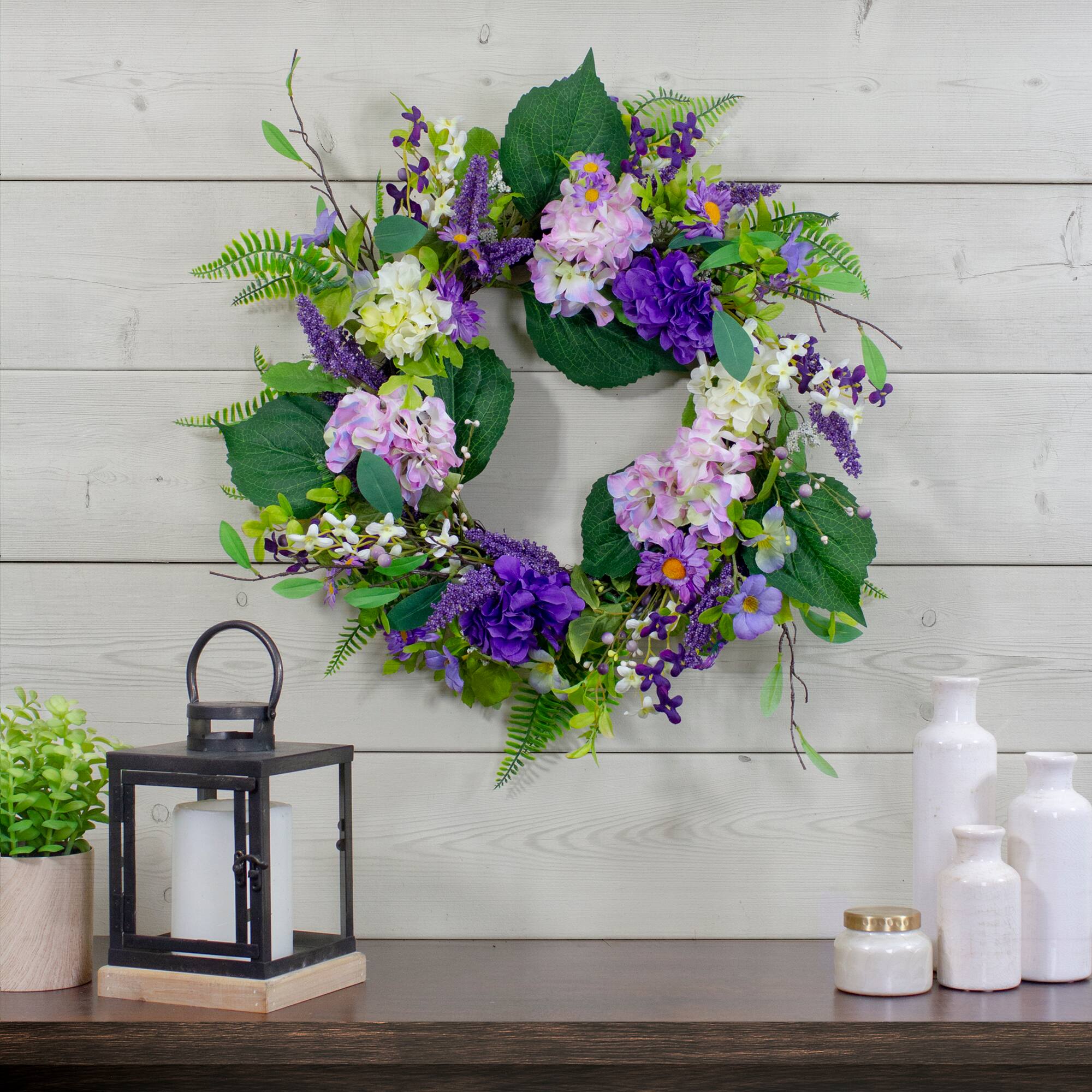 26" Purple Hydrangea & Foliage Spring Floral Twig Wreath