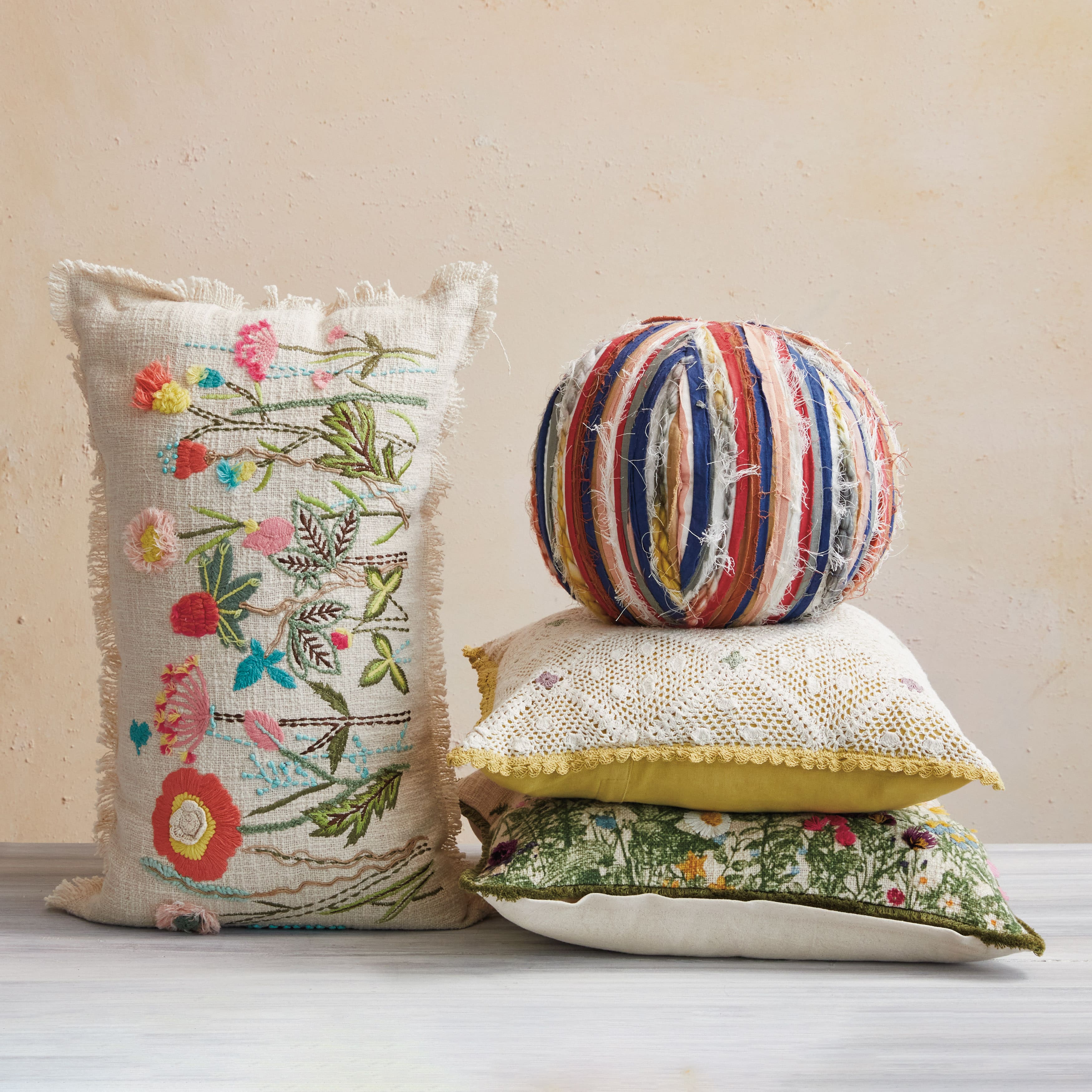 Hello Honey&#xAE; 18&#x22; Multicolor Flower Embroidery, Beads &#x26; Lace Trim Cotton Slub Pillow