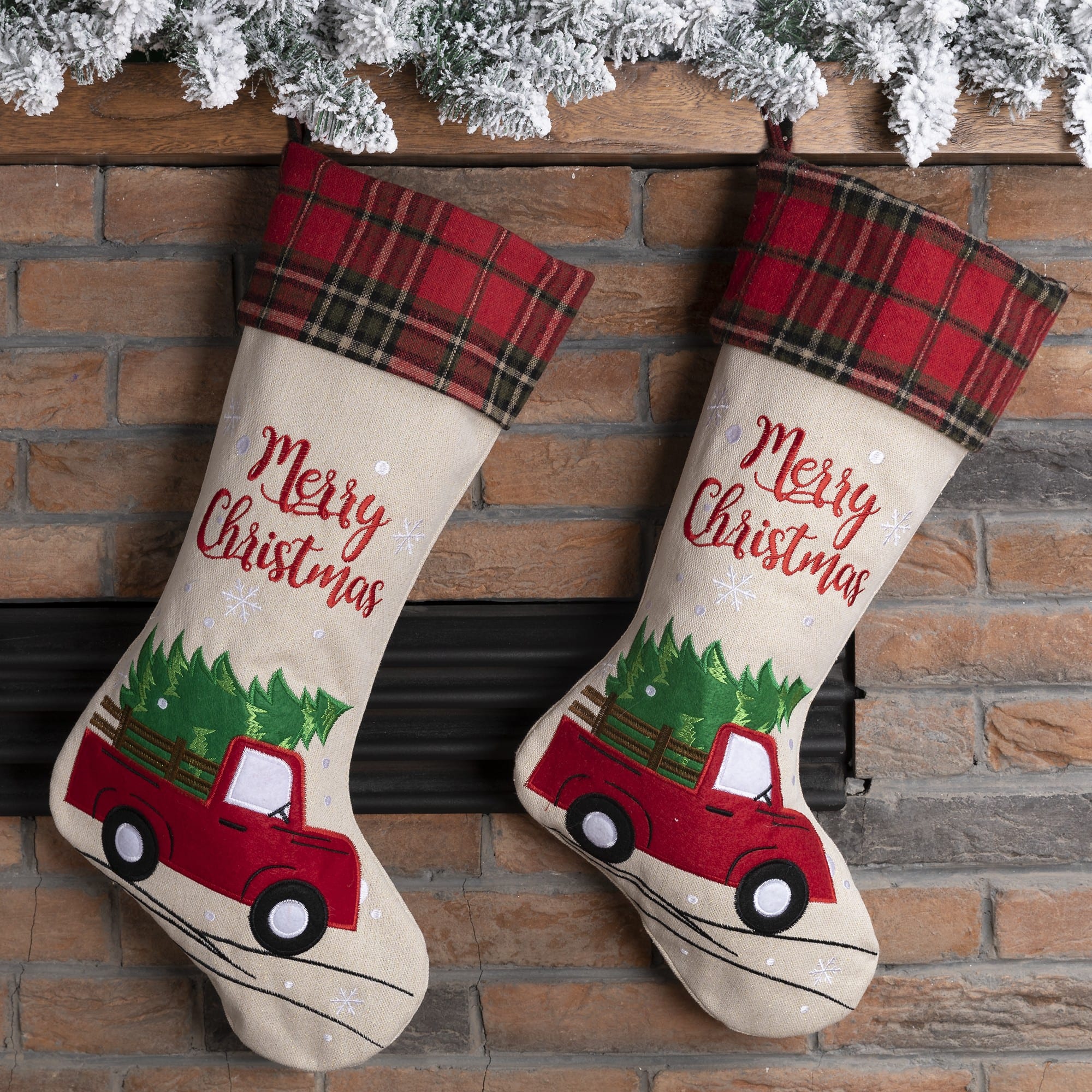 Glitzhome&#xAE; 21&#x22; Red Truck Embroidered Linen Stocking, Set Of 2