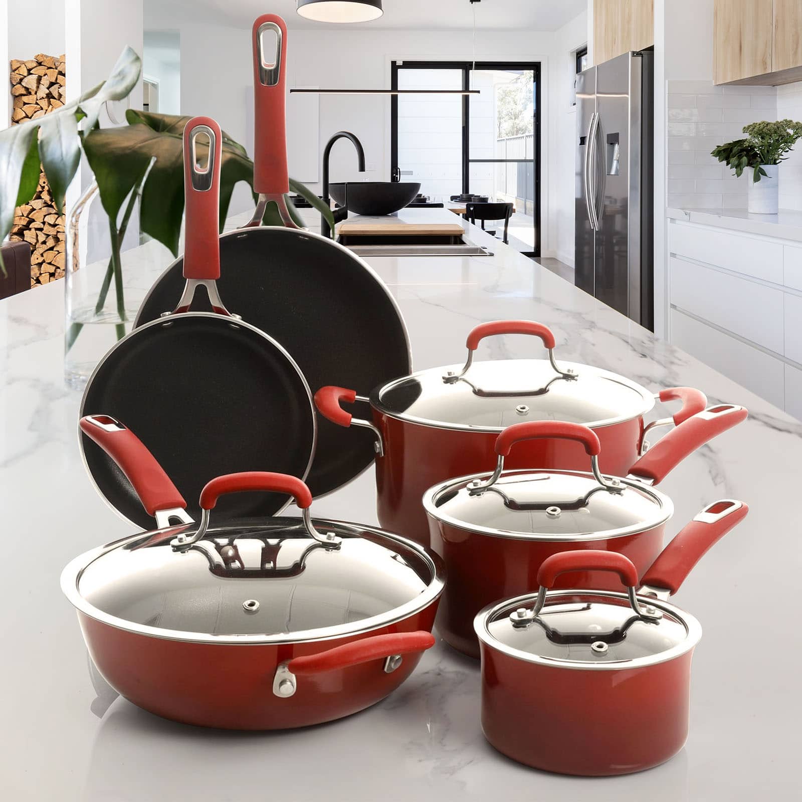 Kenmore® Elite Andover 10-Piece Red Gradient Nonstick Aluminum Cookware Set