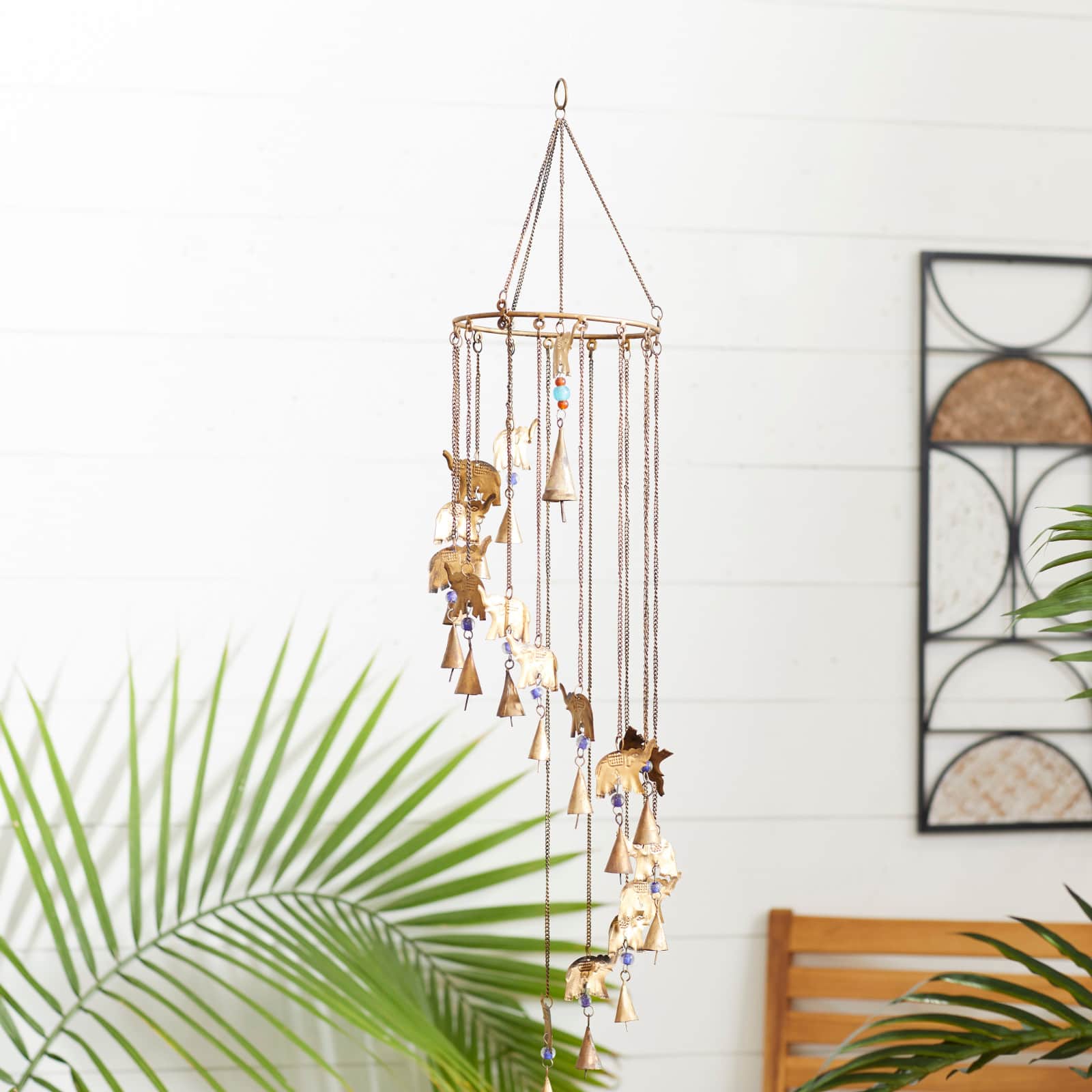 INDOOR WIND CHIMES  STRING OF ELEPHANTS BRASS BELL MOBILE CHIME INDIAN HANGING 