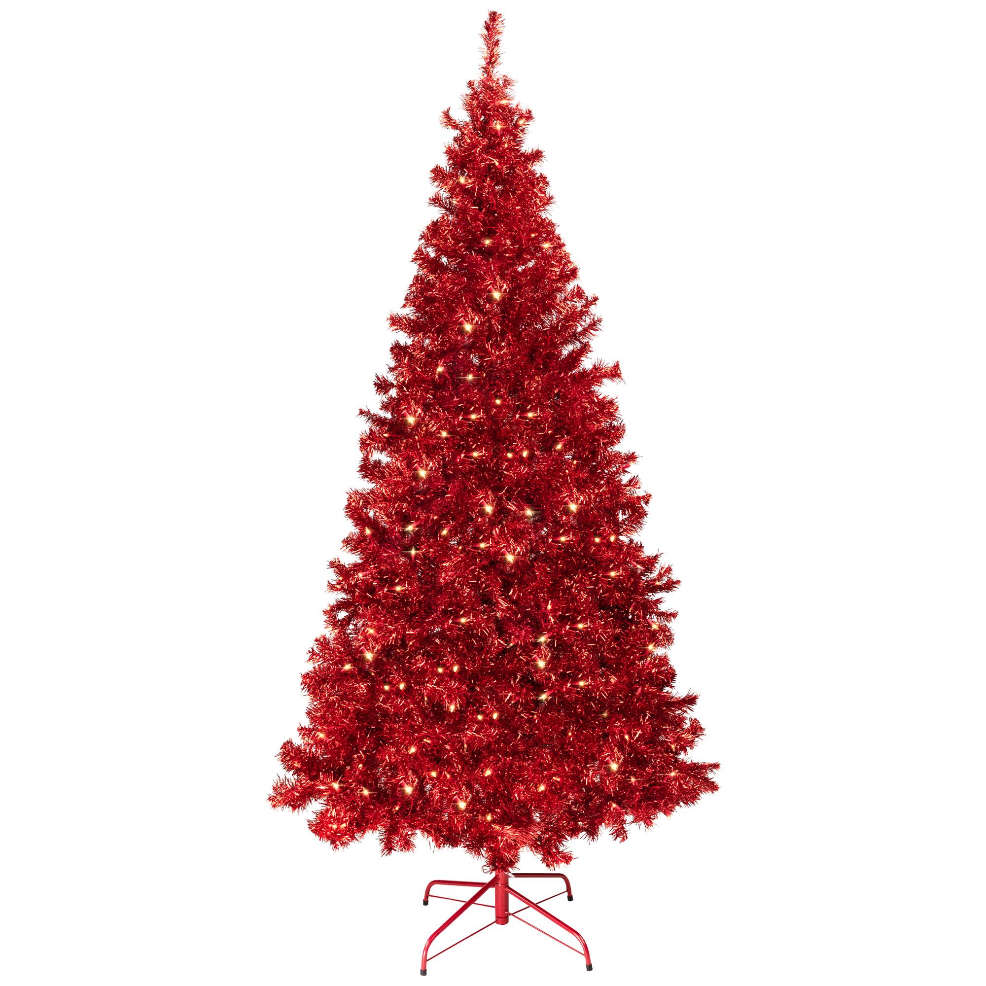 9ft. Pre-Lit Red Artificial Tinsel Christmas Tree, Clear Lights