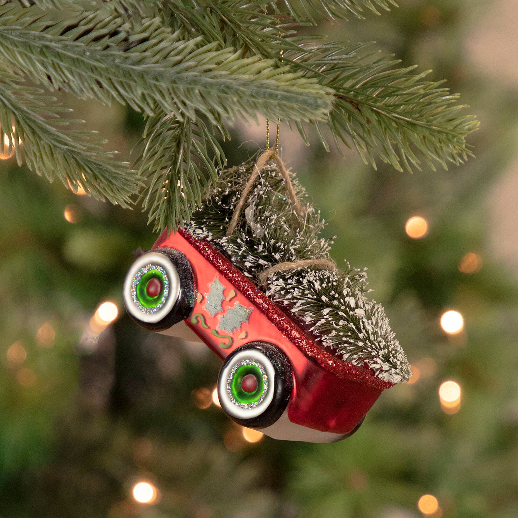 4.5" Red Glittered Wagon with Tree Ornament