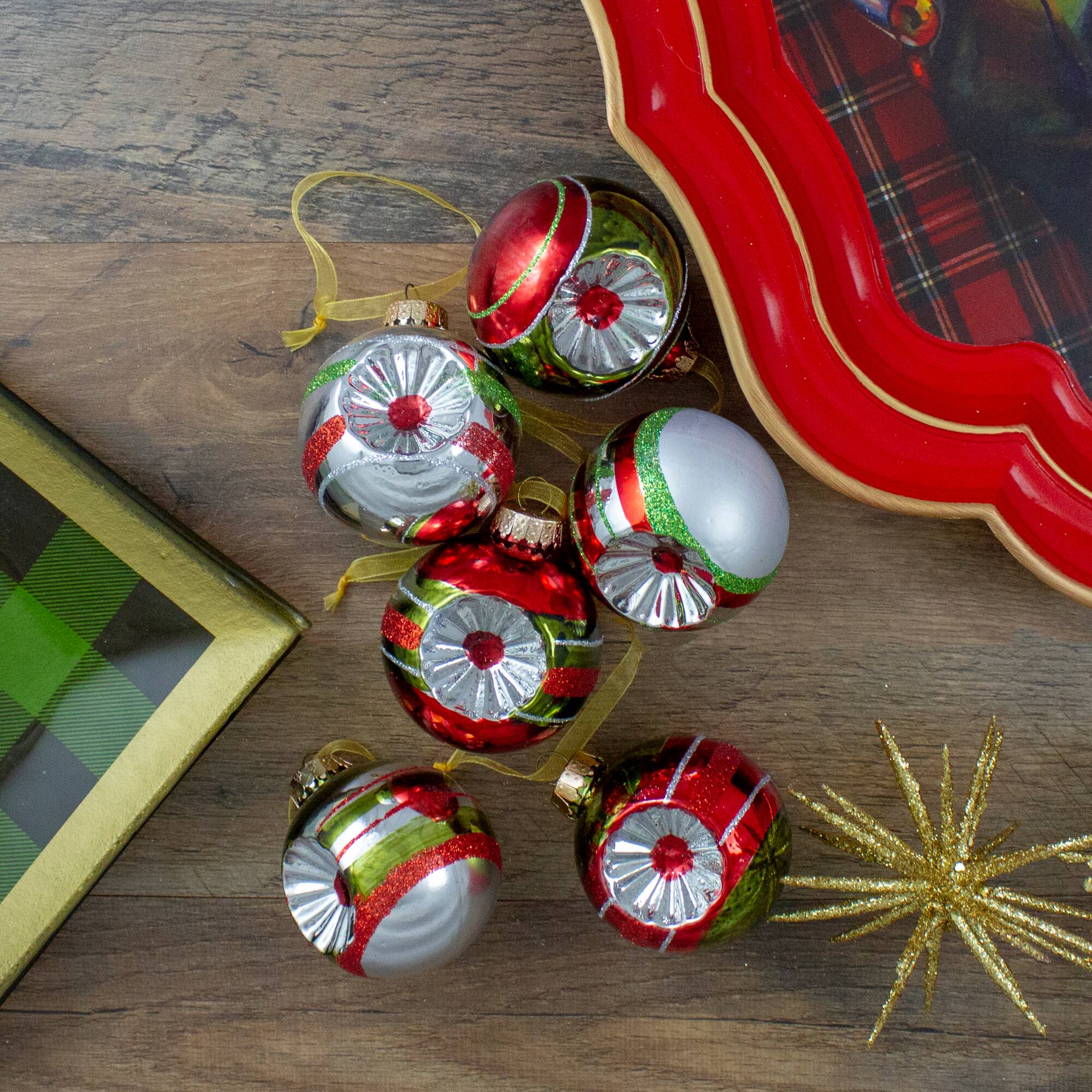 6ct. Silver &#x26; Red 2-Finish Retro Reflector Christmas Glass Ball Ornaments