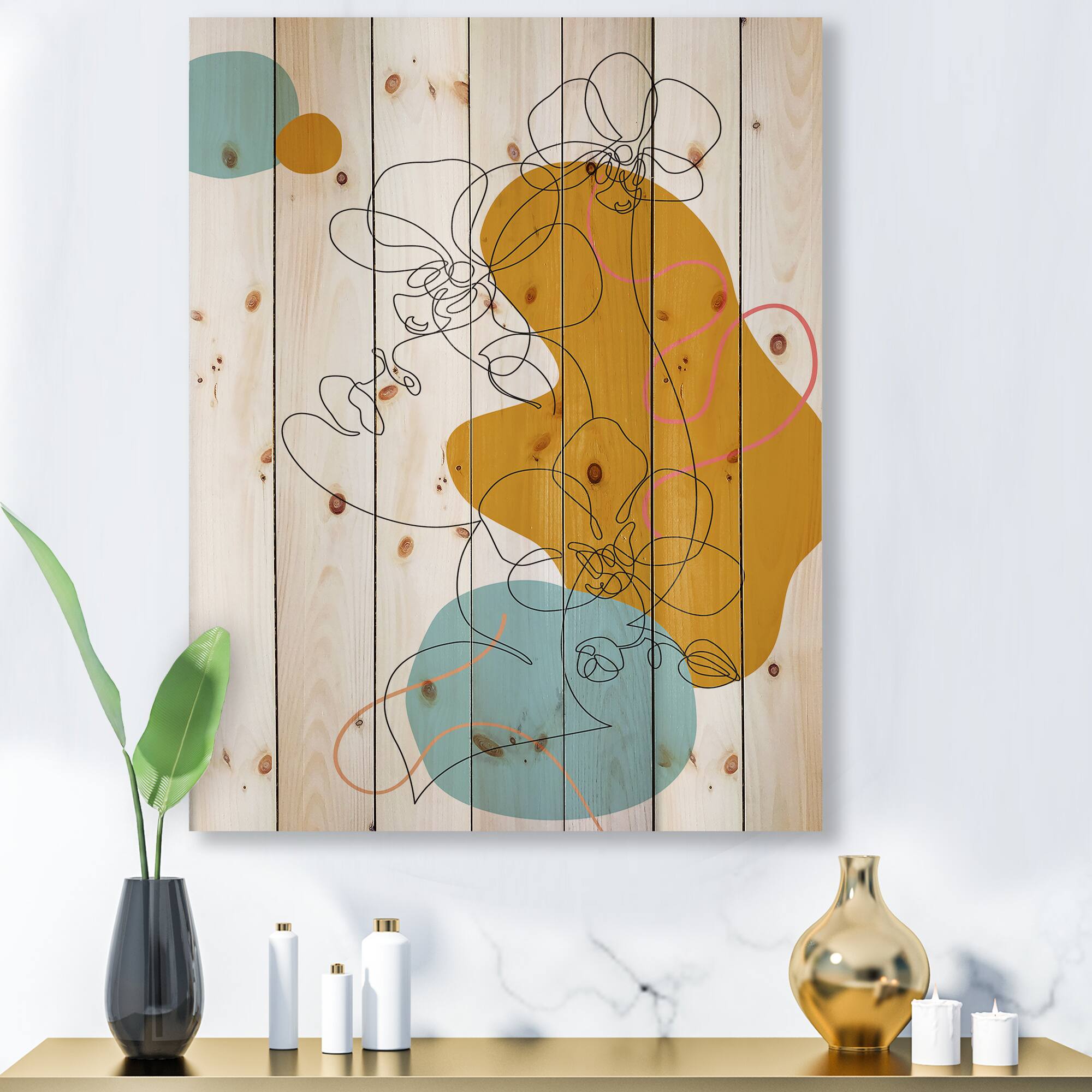 Designart - Beautiful Woman One Line Drawing - Modern Print on Natural Pine Wood