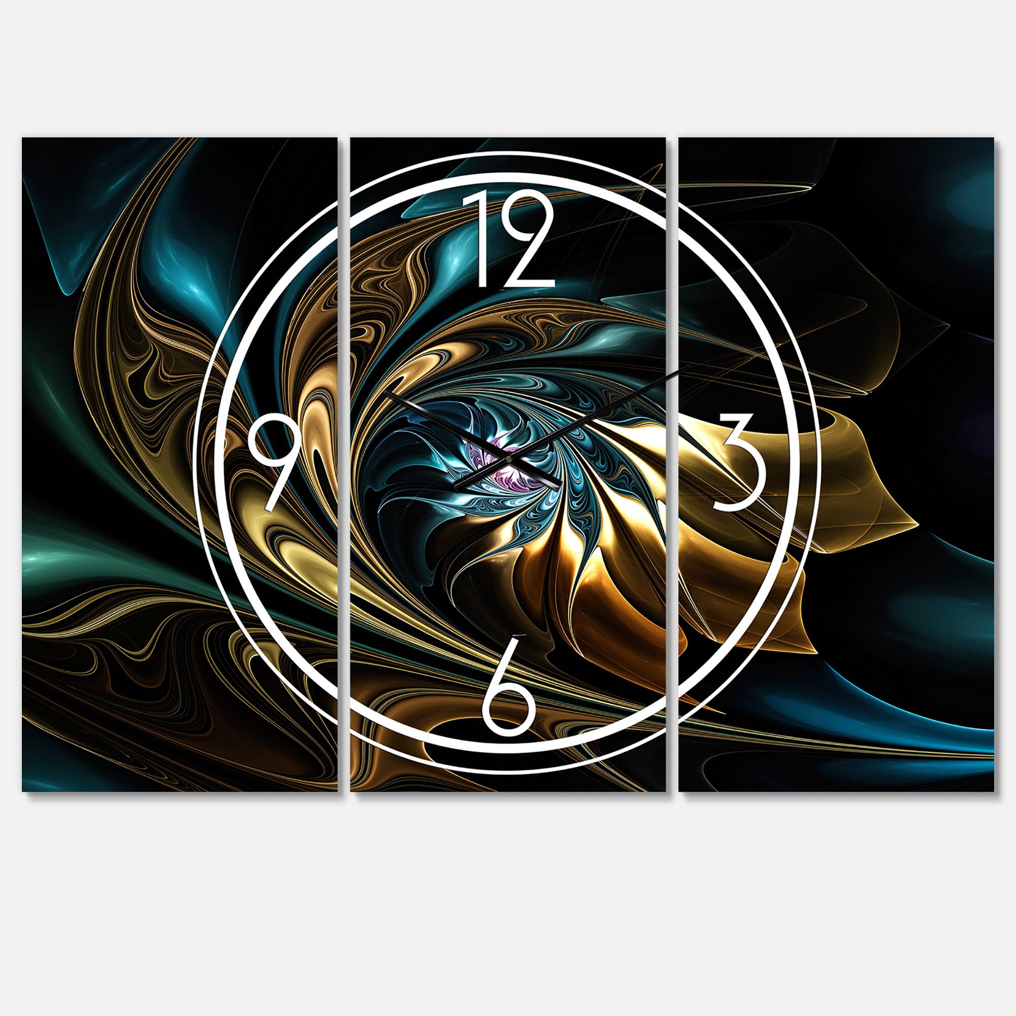 Designart Brown Blue Fractal Flower In Black Multipanel Wall Clock