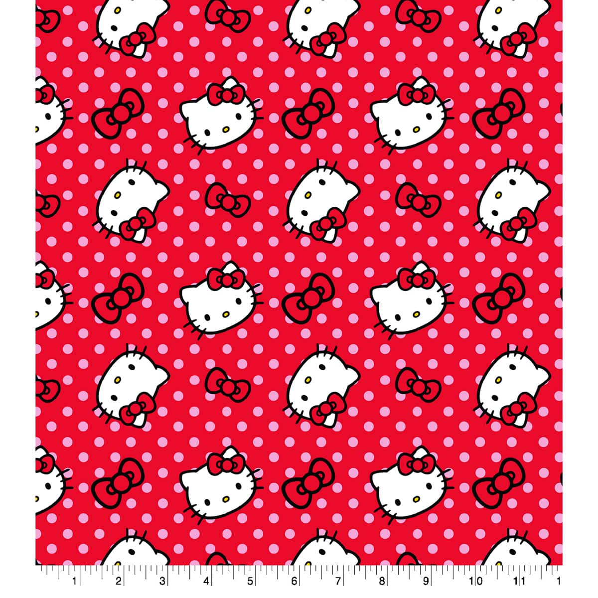 Hello Kitty fabric -- Hello Kitty, bows, and pink polka dots on red -- 100%  cotton quilting fabric