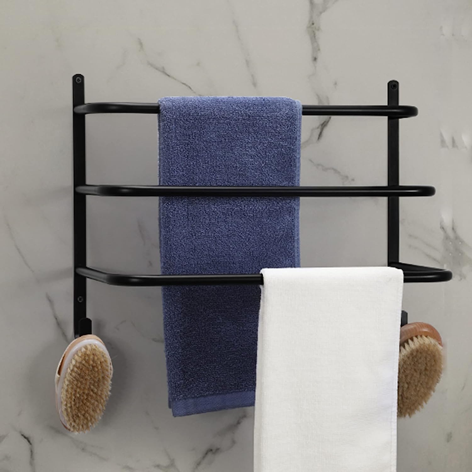 Black Metal Bathroom Towel Bar Wall Mounted Rack with Hooks