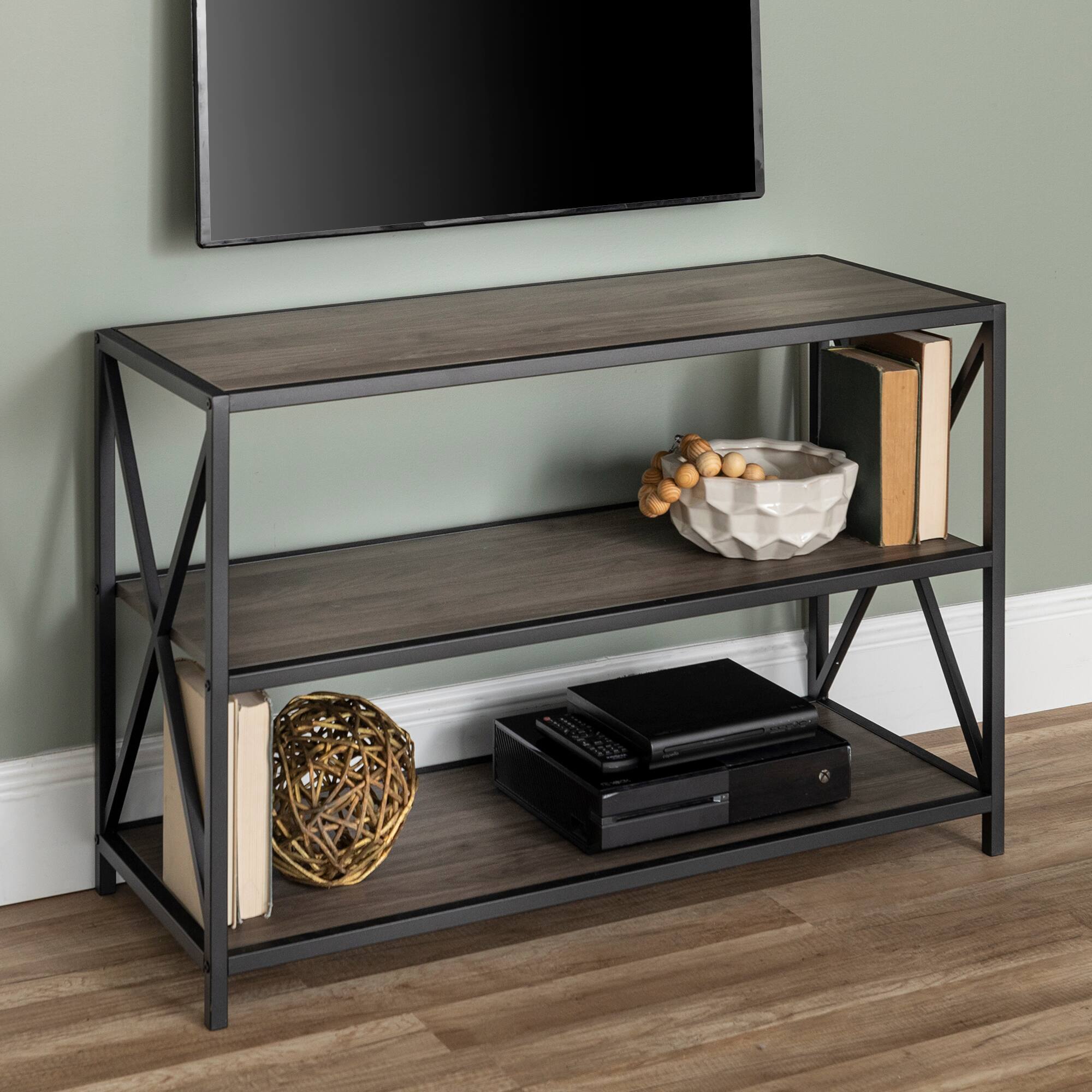 Walker Edison Slate Gray/Black Metal X-Frame Industrial Wood Bookshelf