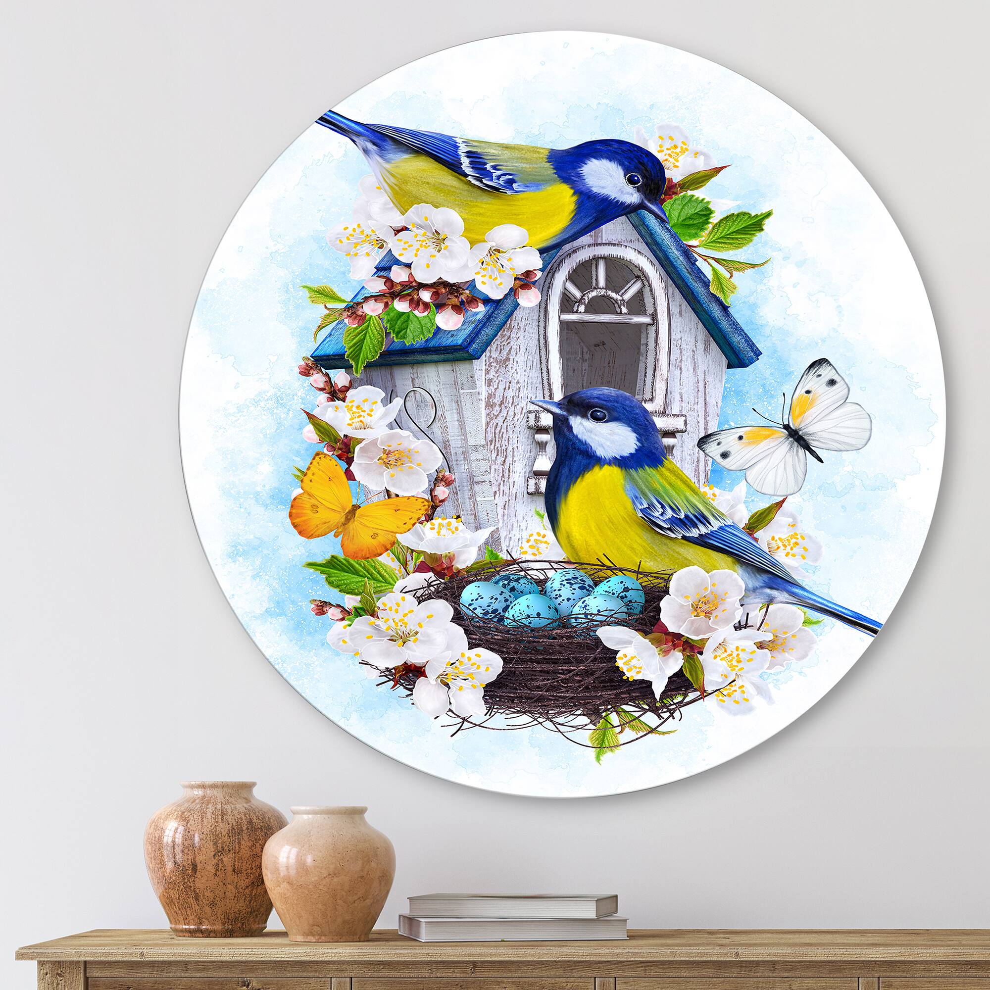 Designart - Two Tit Birds Sitting Near The Nest With Eggs I - Traditional Metal Circle Wall Art
