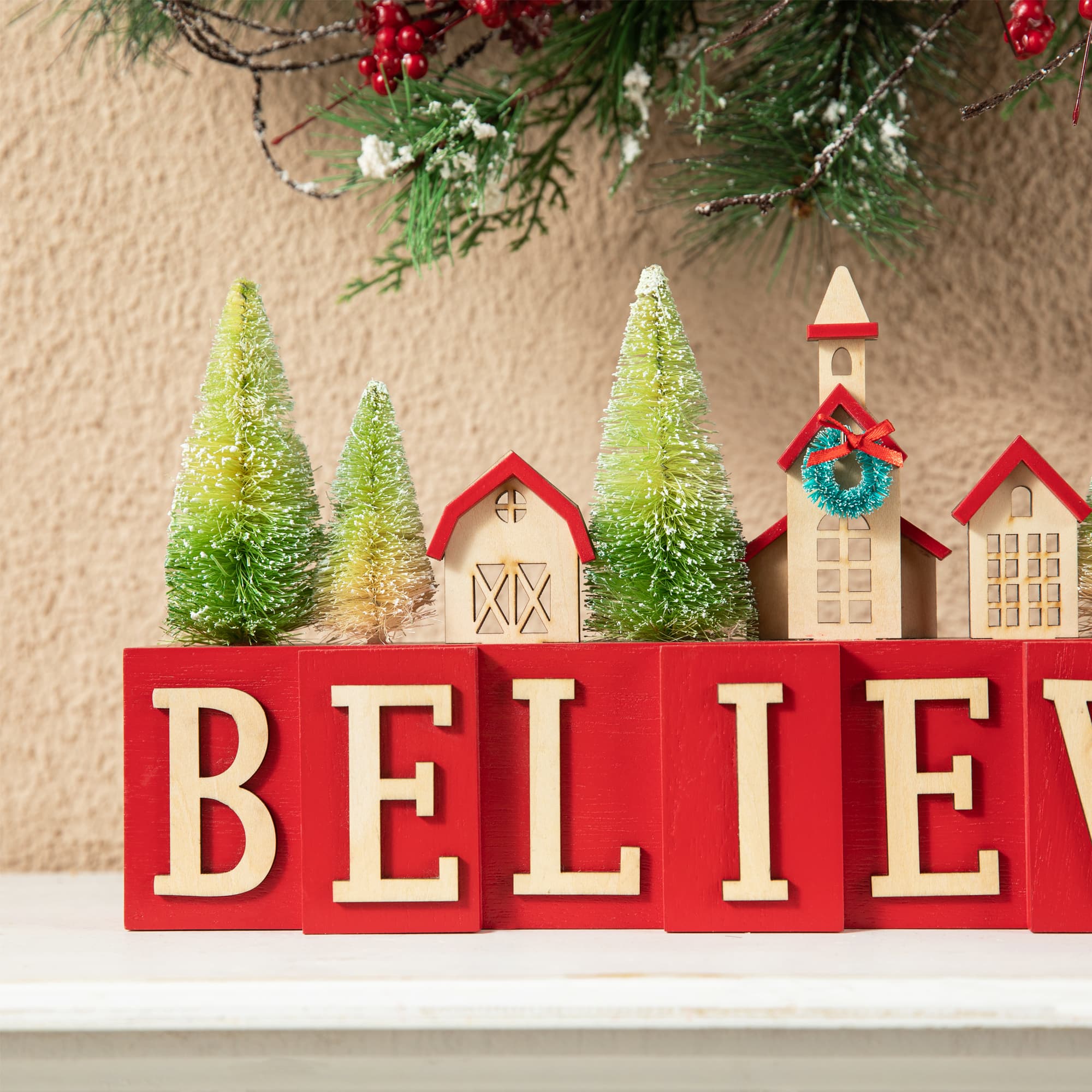 Glitzhome® 14" Christmas Believe House & Brush Trees Table Décor