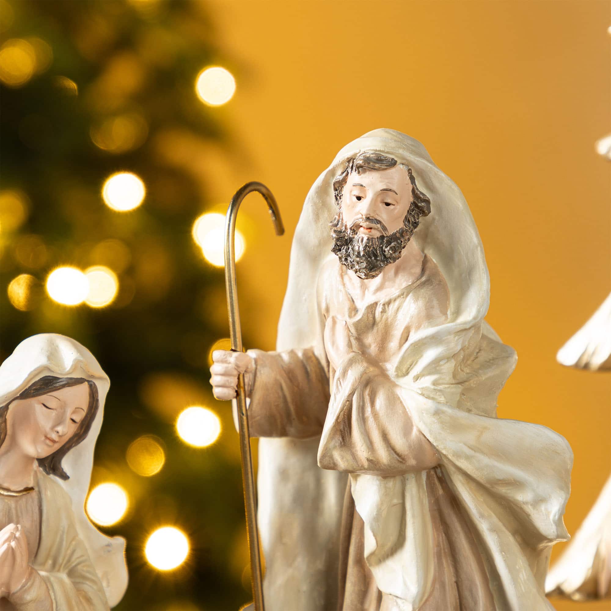 Glitzhome&#xAE; 5-Piece Gold Resin Holy Family with Christmas Trees Set
