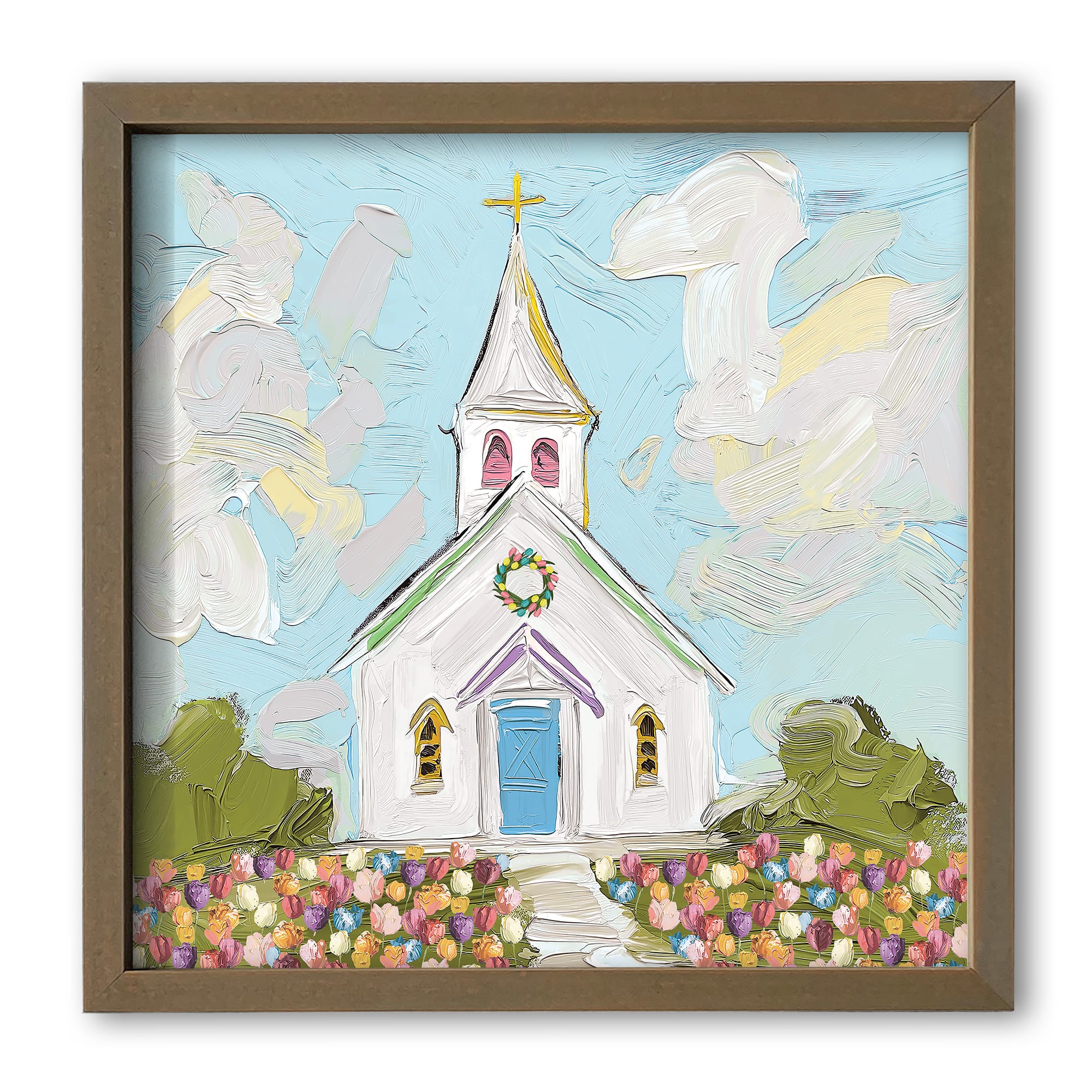 16" Colorful Painted Church Wall Art in Brown Frame