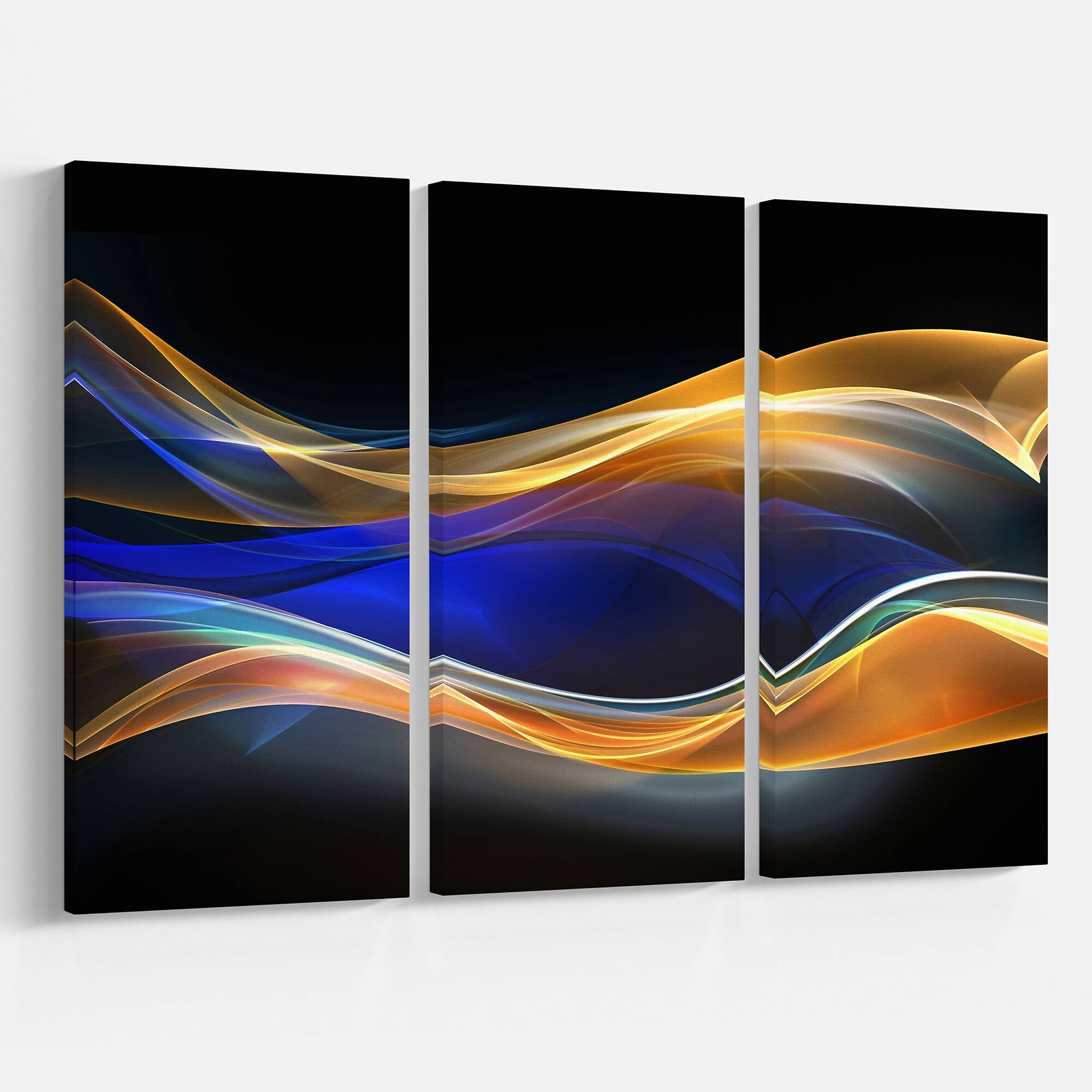 Designart - 3D Gold Blue Wave Design - Abstract Canvas art print