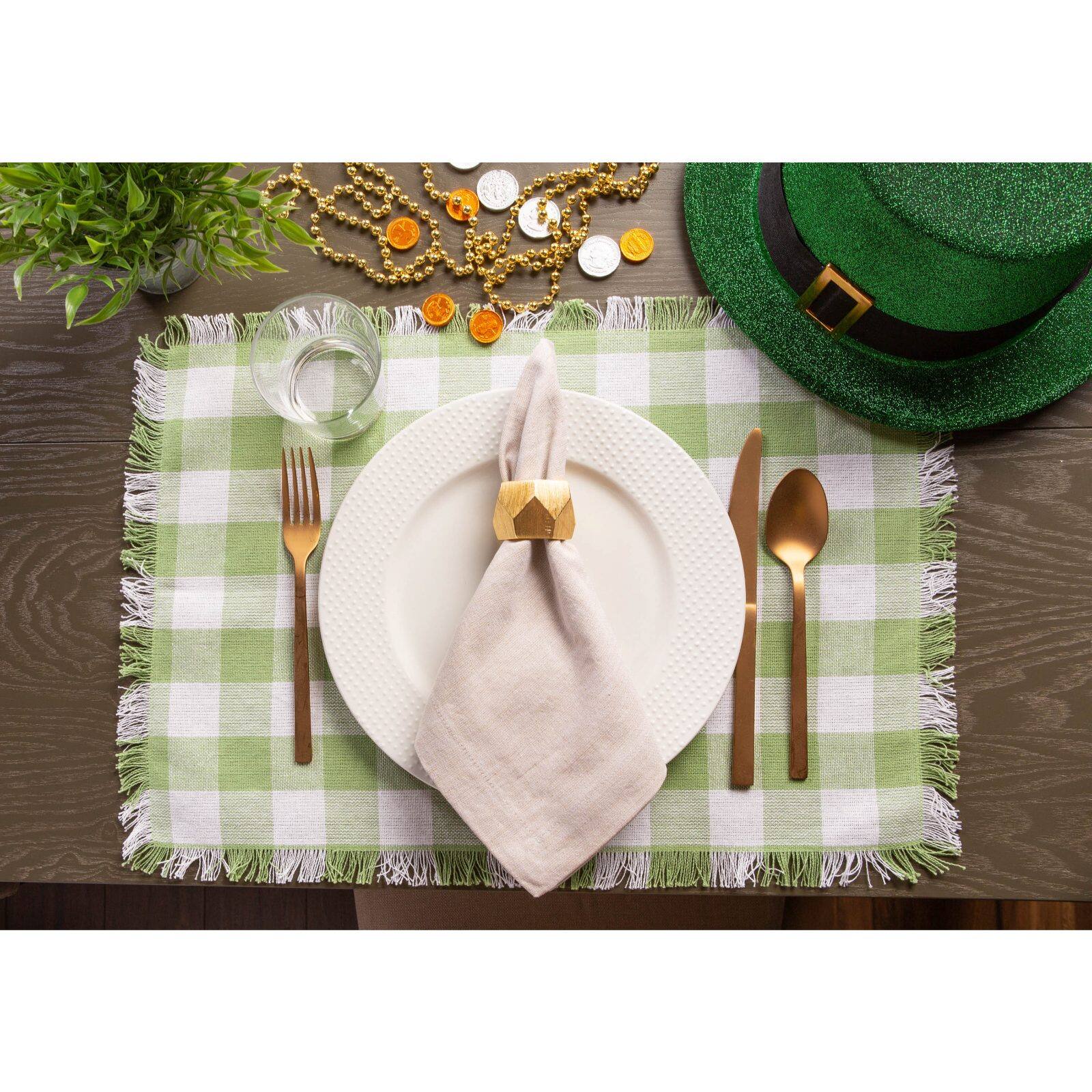 DII® Bright Green Heavyweight Check Fringed Placemat Set, 6ct.