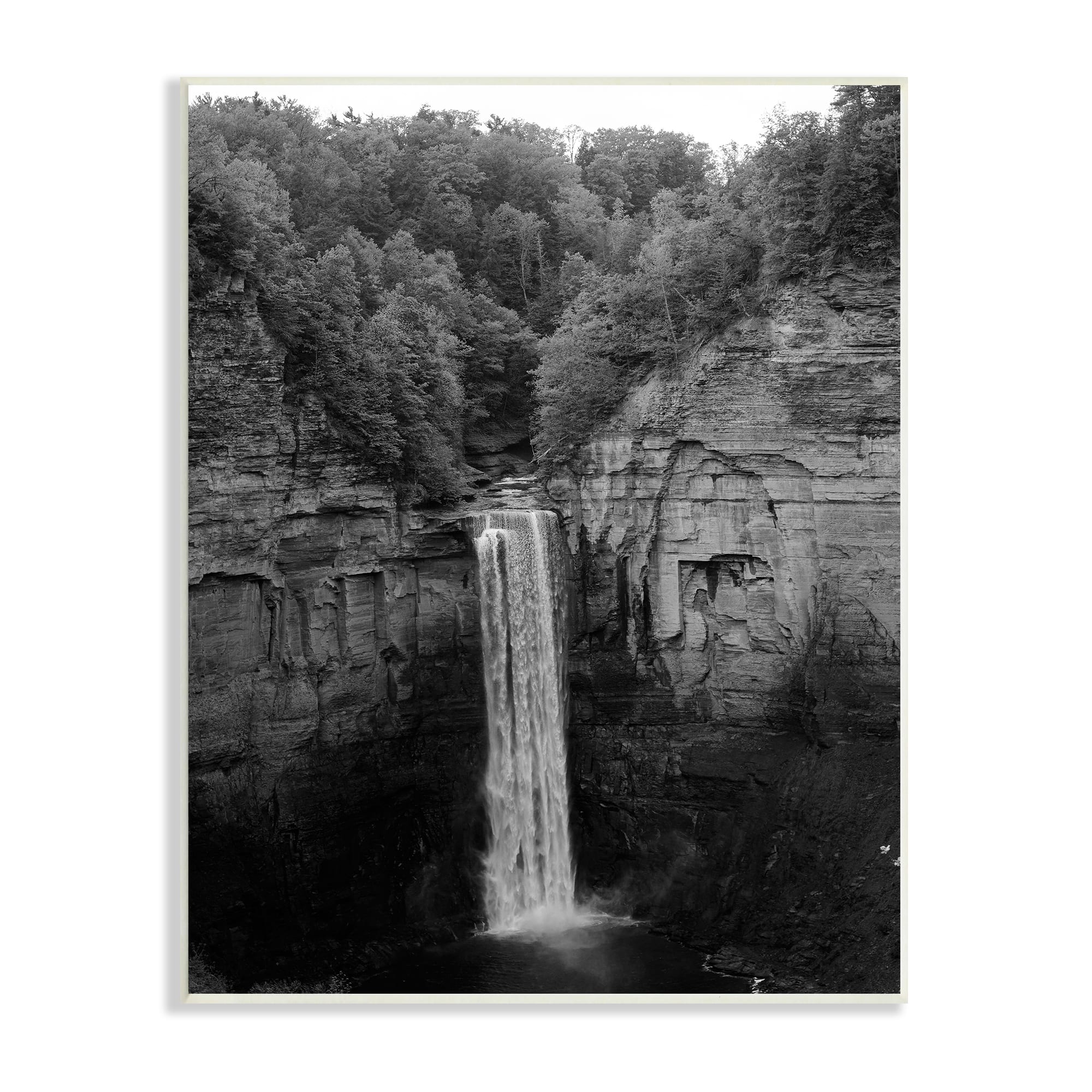 Stupell Industries Ithaca Cliffside Waterfall Black White Nature Landscape Photography Wall Plaque