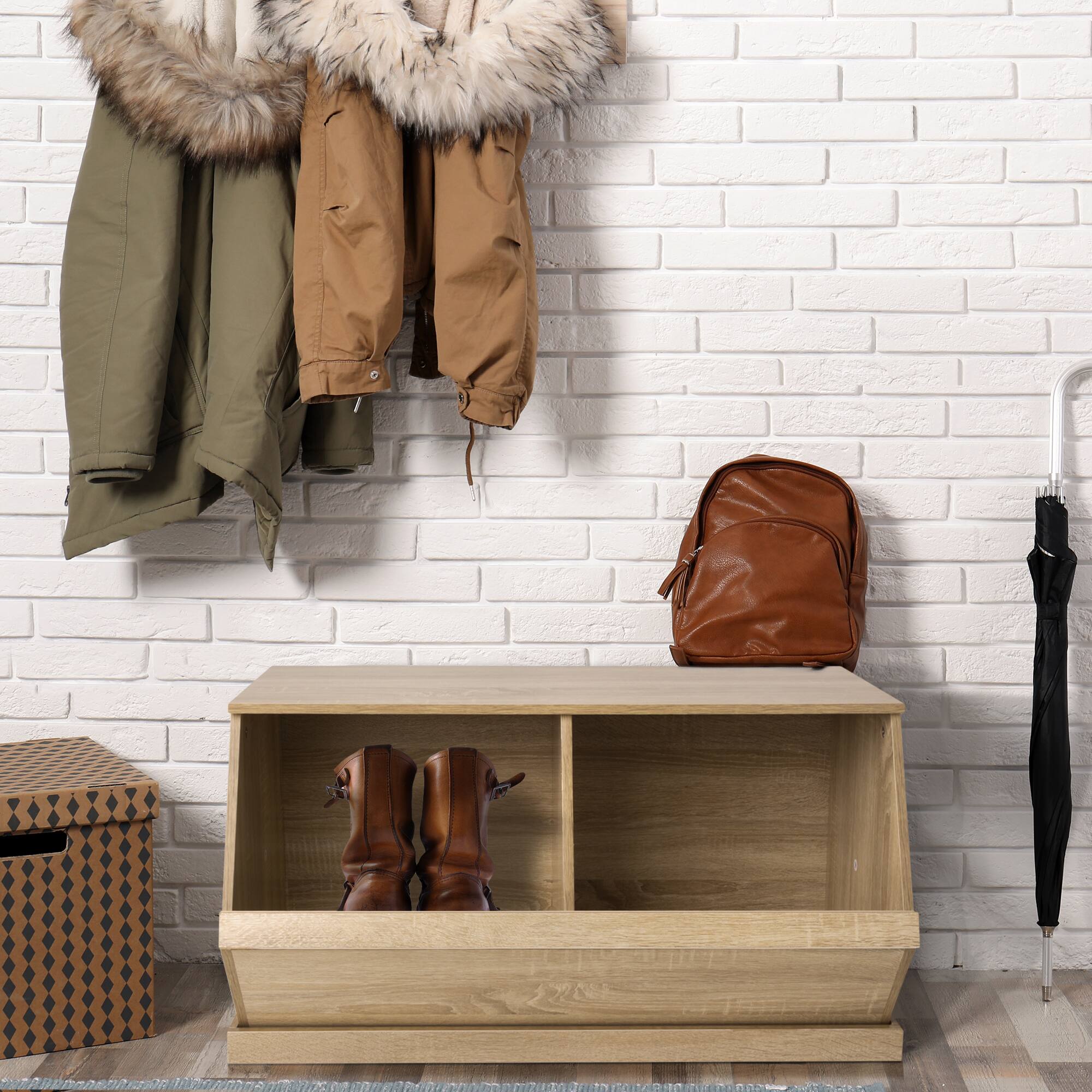 32&#x22; Oak Shoe Rack Bench Storage Unit