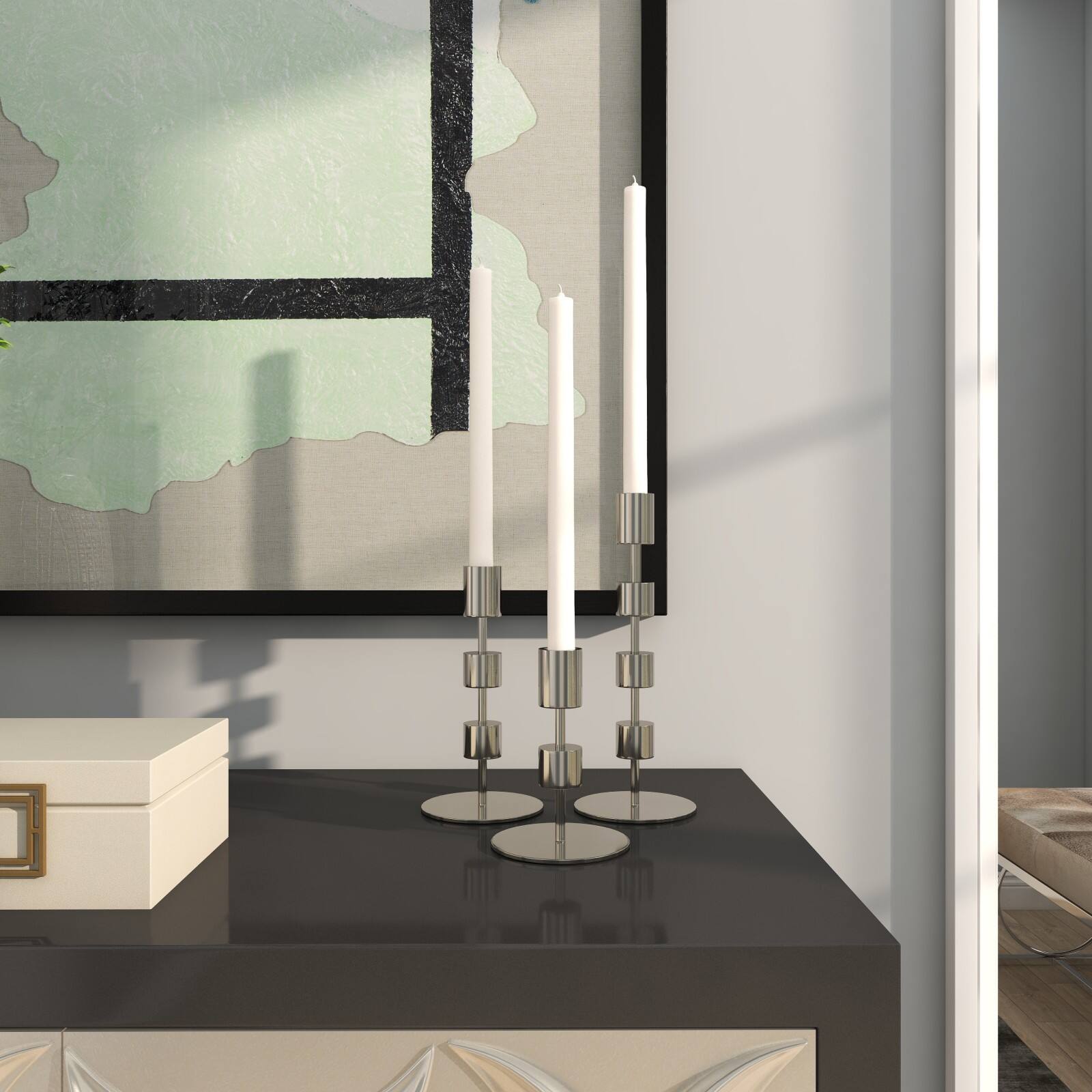 Silver Aluminum Floating Block Abstract Candle Holder with Rounded Base Set