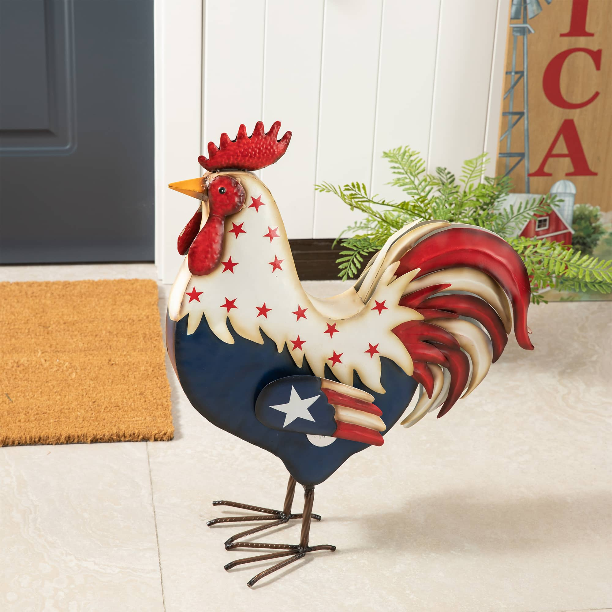 Glitzhome&#xAE; 21&#x22; Metal Patriotic Rooster Porch D&#xE9;cor