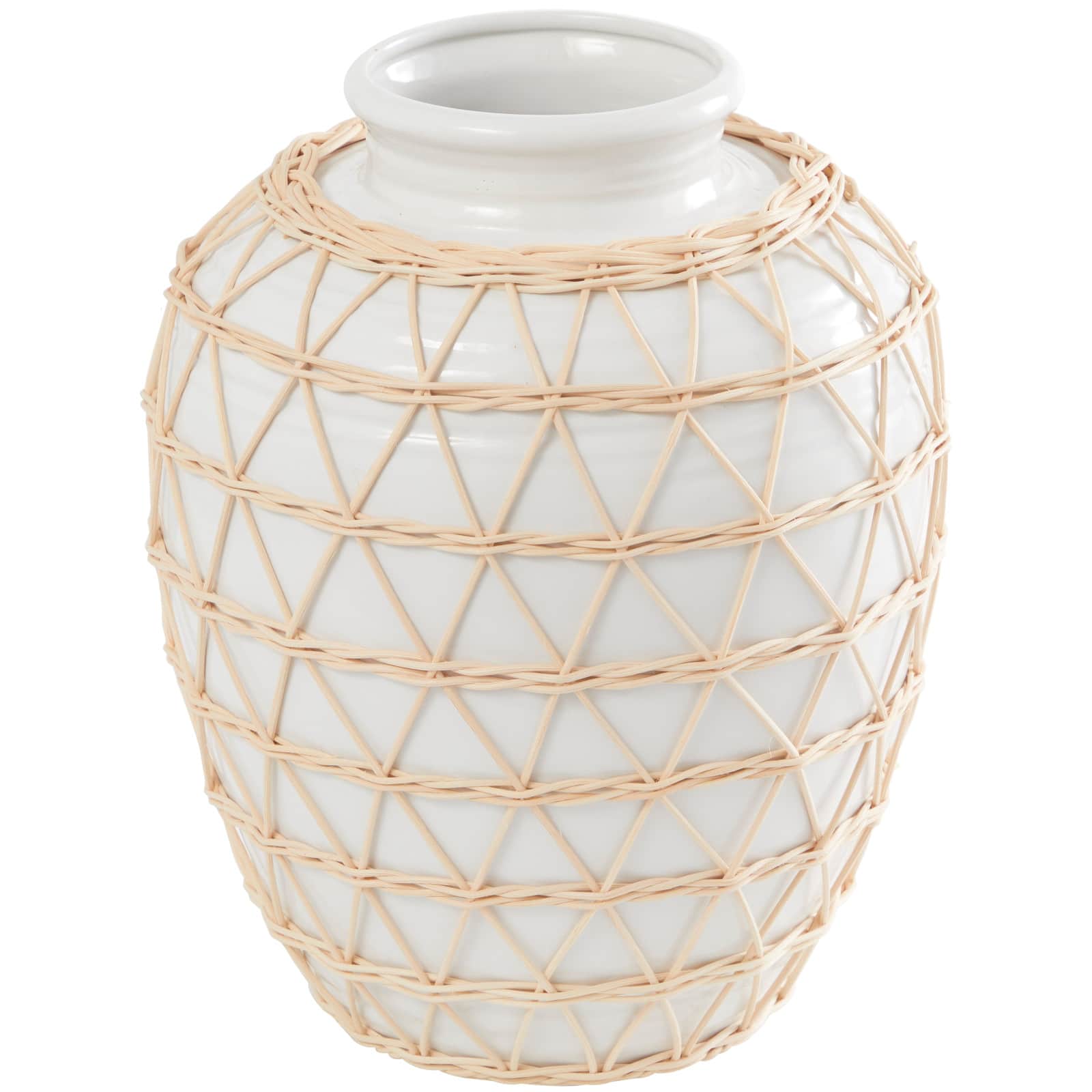 14" White Ceramic Handmade Vase with Woven Rattan Exterior