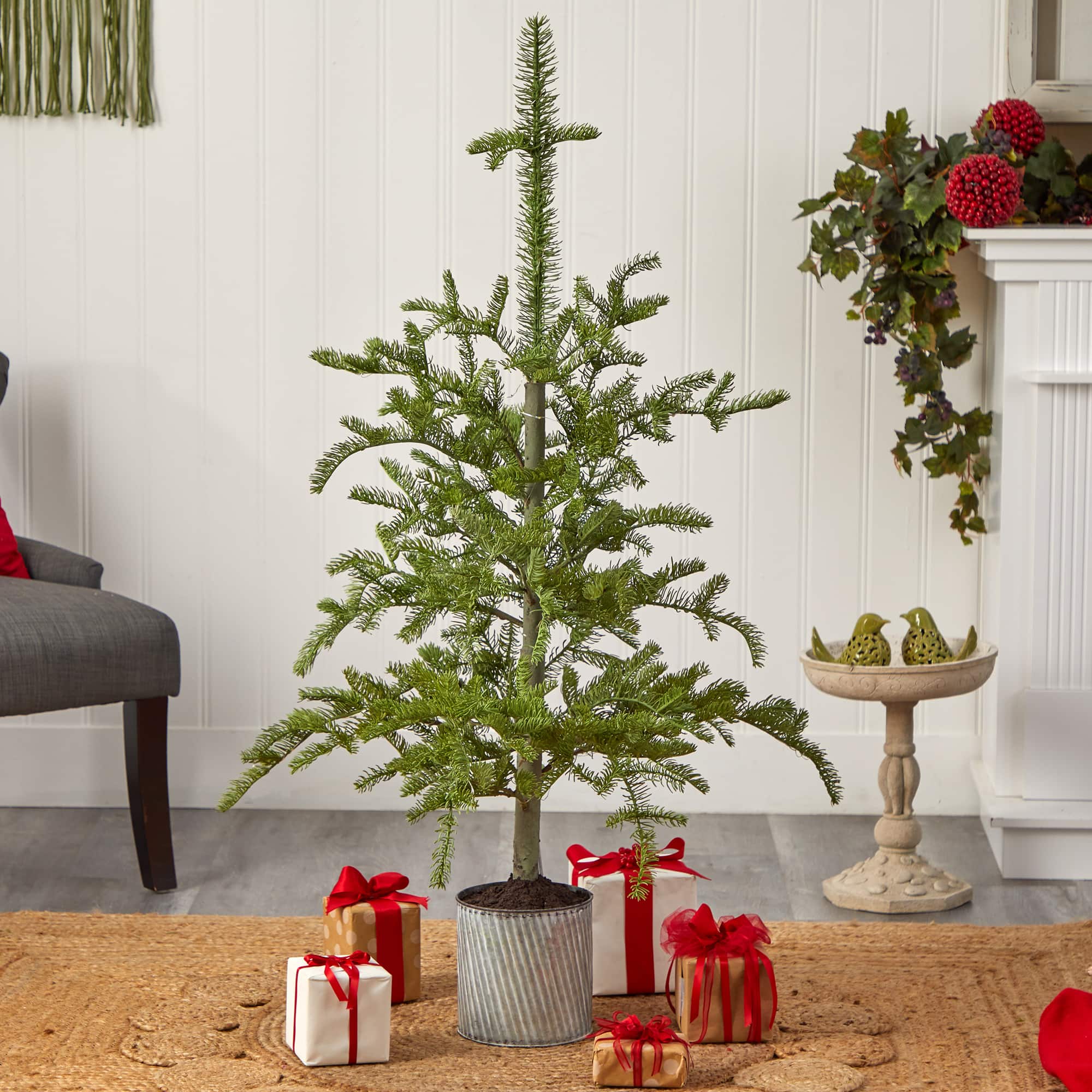 4.5ft. Pre-Lit Pine Artificial Christmas Tree in Decorative Planter, White Lights