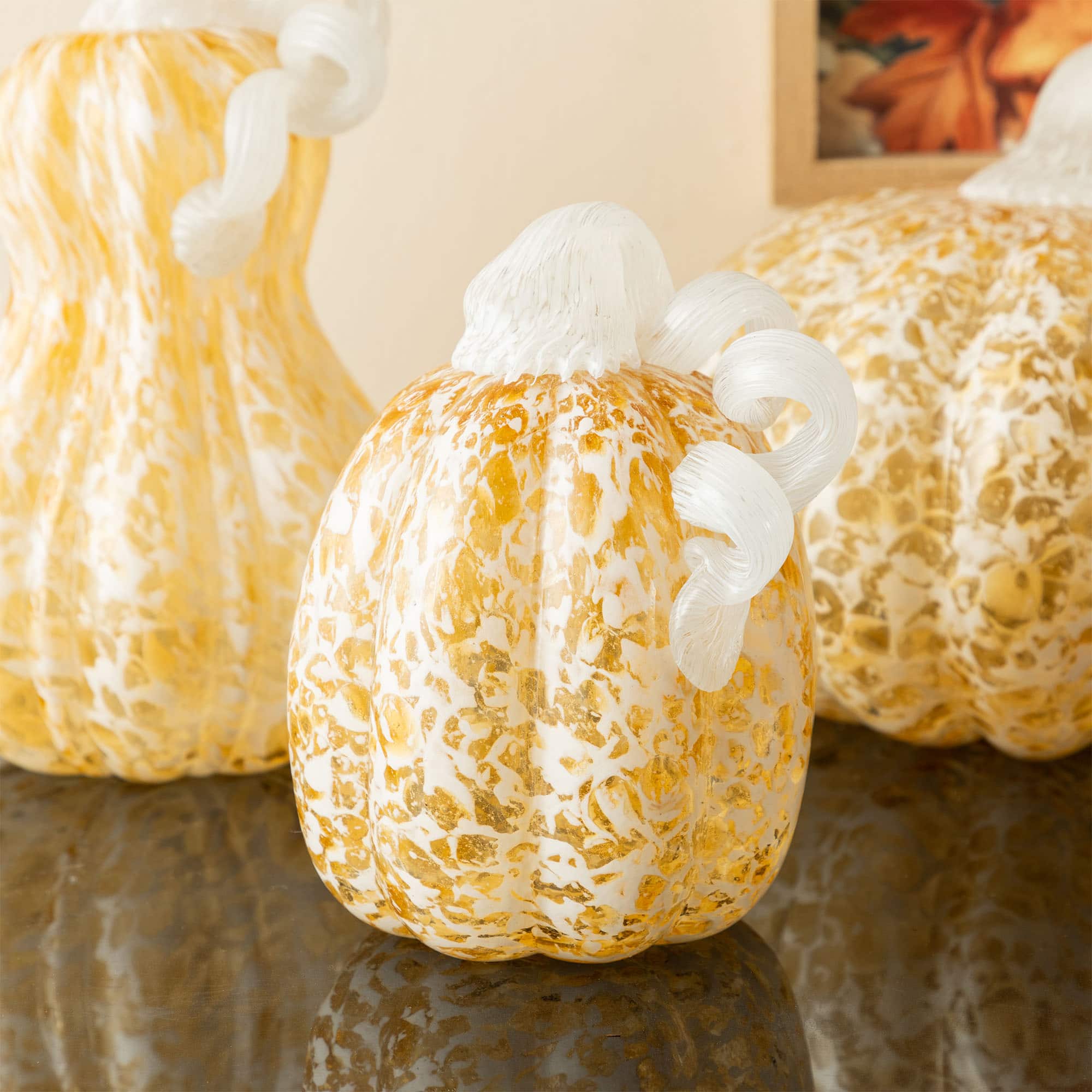 Glitzhome&#xAE; Amber Dots Fall Pumpkin Glass Tabletop Accent