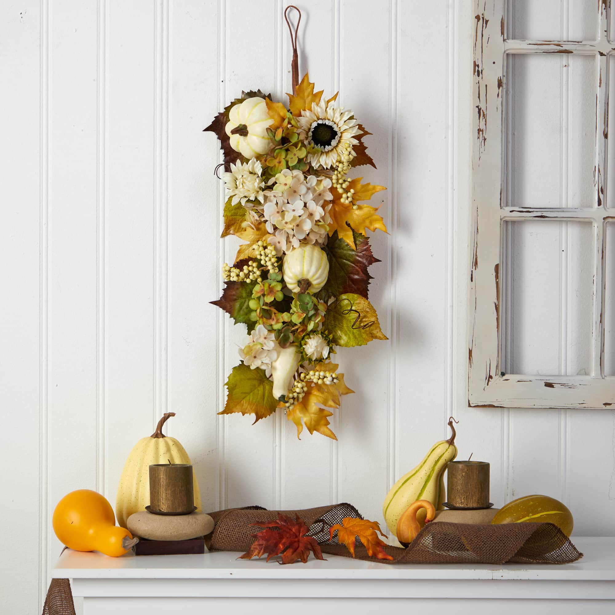 33" Sunflower, Hydrangea & White Pumpkin Autumn Teardrop Swag