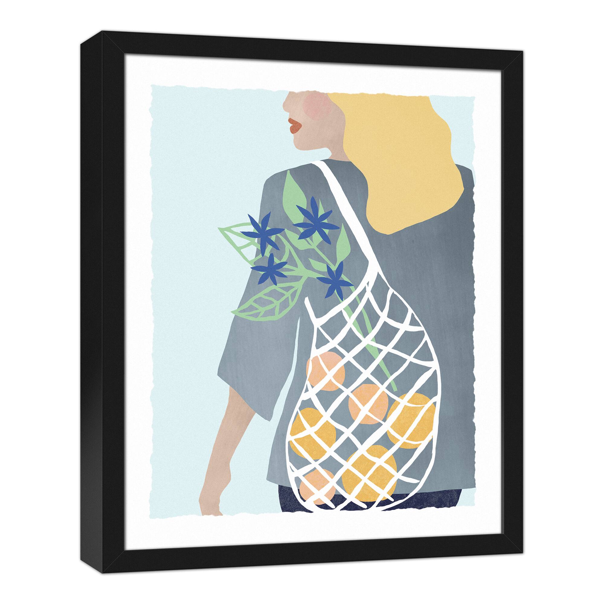 Coastal Market Bag Canvas Wall Art in Black Frame