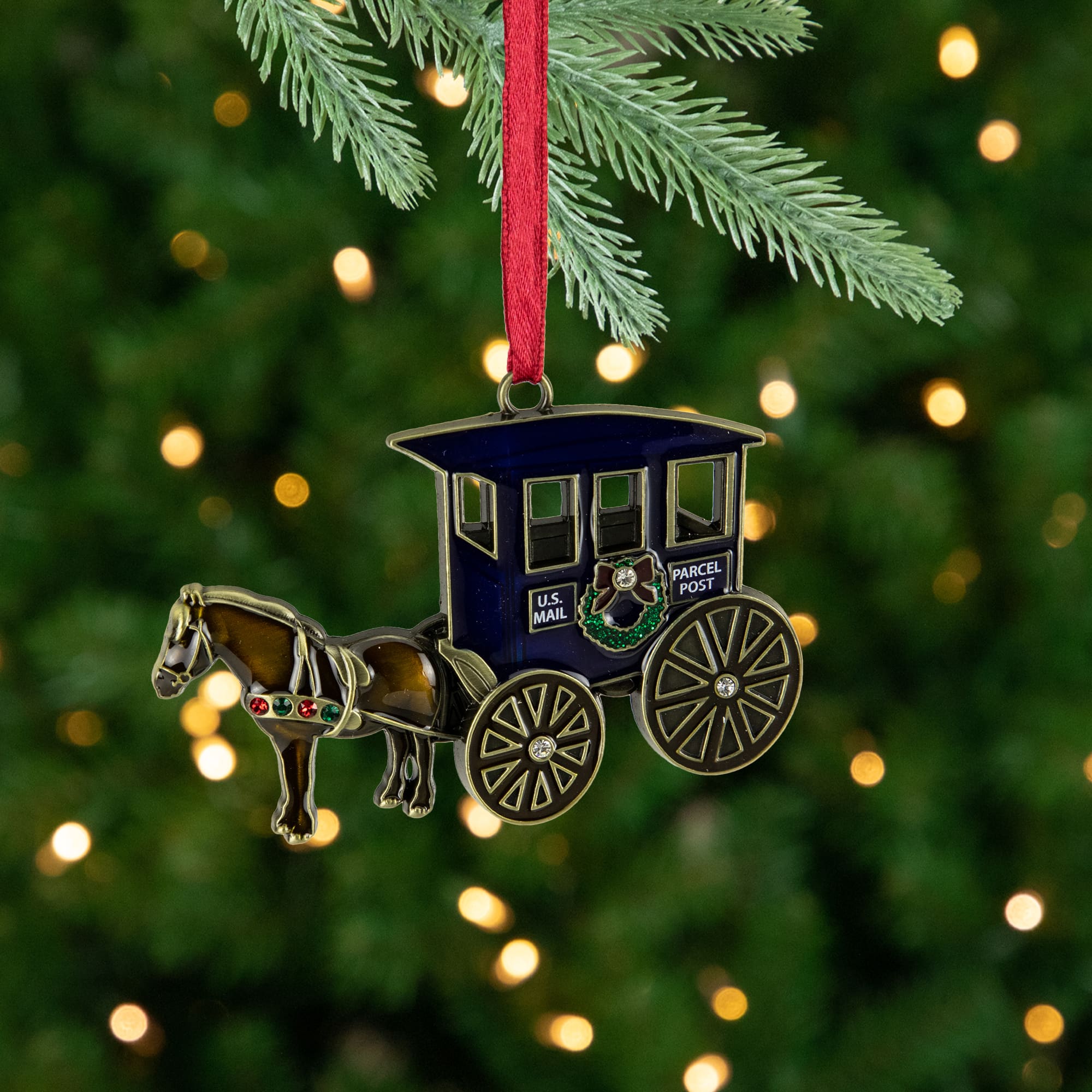 2.25" Antique Brass-Plated Horse & Buggy Ornament with European Crystals